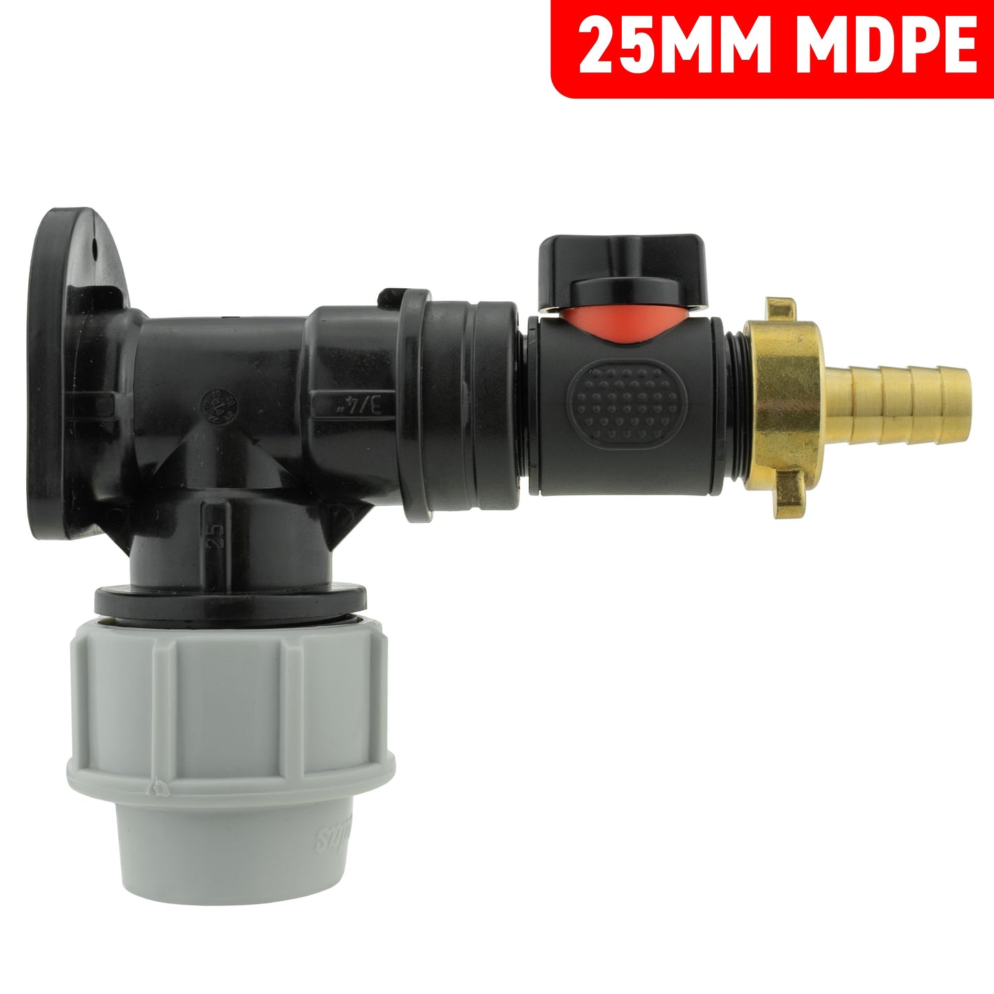 Wall Flange Kit 25mm MDPE + In-Line Valve + 13mm Brass Barb for Water Connector