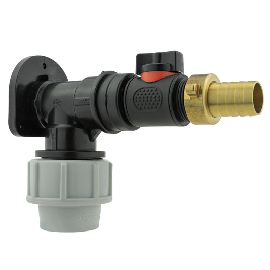Wall Flange Kit 25mm MDPE + In-Line Valve + 19mm Brass Barb for Water Connector