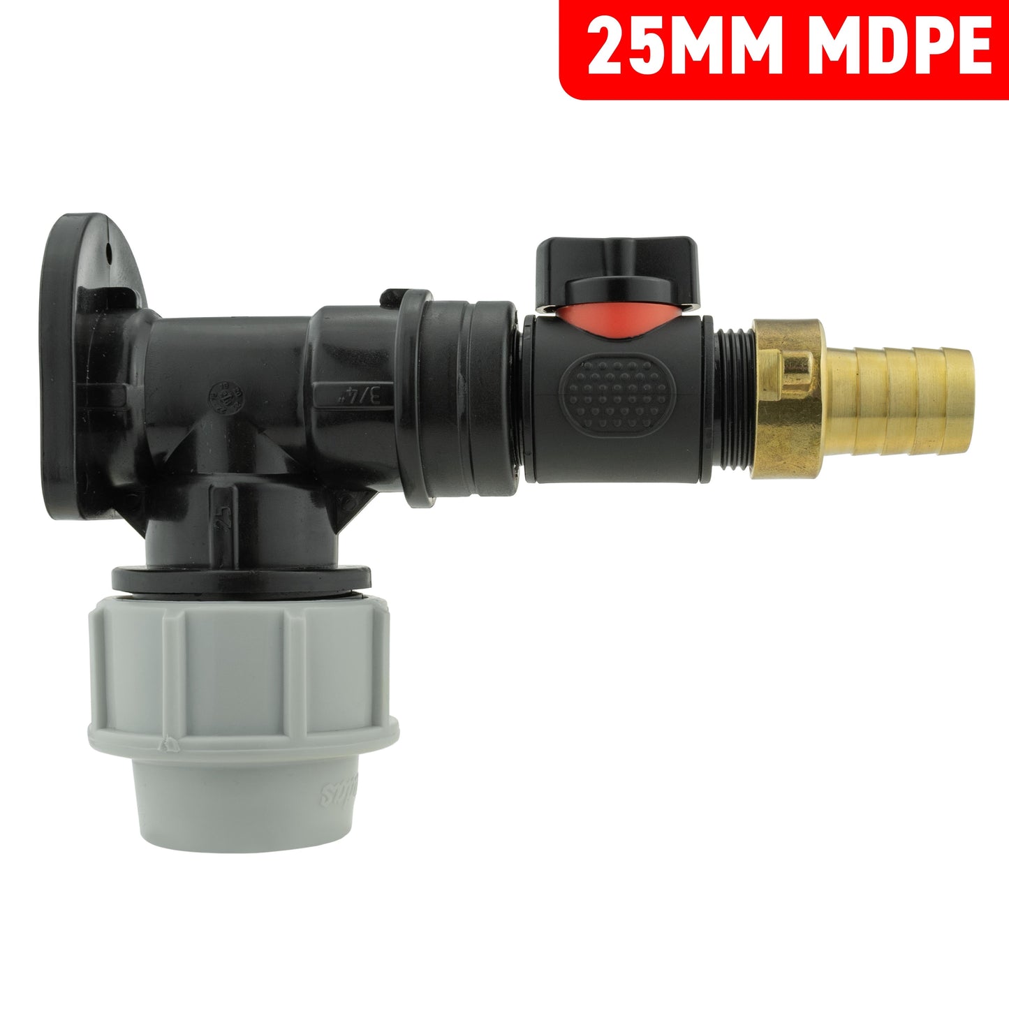 Wall Flange Kit 25mm MDPE + In-Line Valve + 19mm Brass Barb for Water Connector