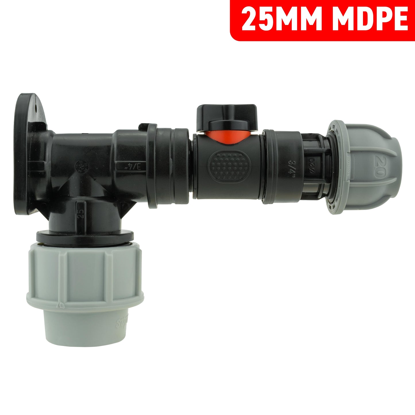 Wall Flange Kit 25mm MDPE + In-Line Valve + 25mm MDPE Joiner for Water Connector