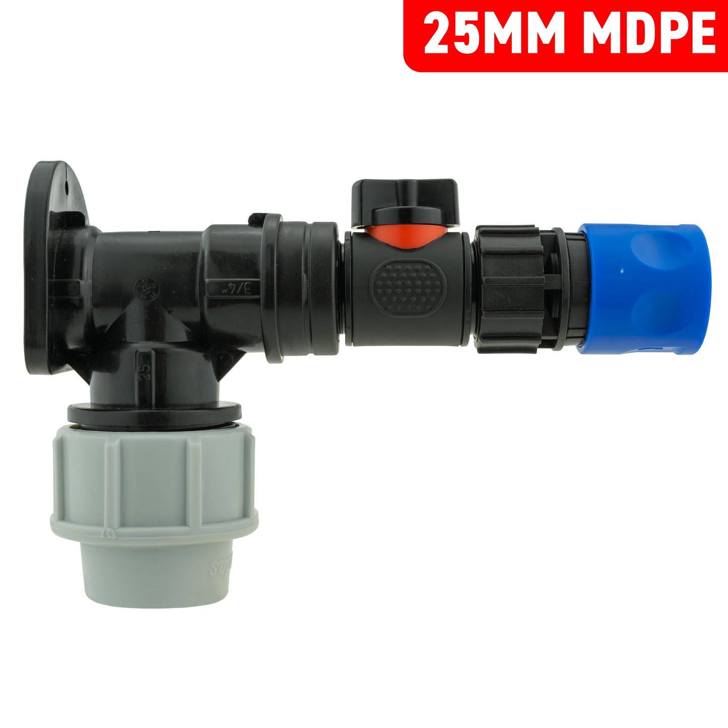 Wall Flange Kit 25mm MDPE + In-Line Valve and Female Quick Connector