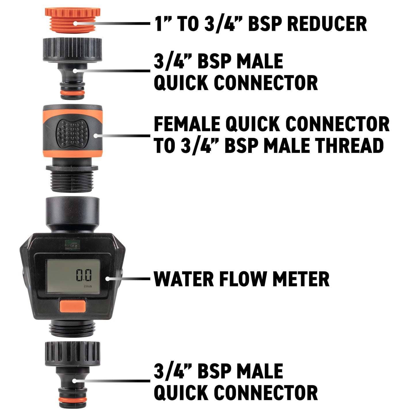Water Flow Meter Black Orange Drip Irrigation Fitting Garden Irrigation Kit