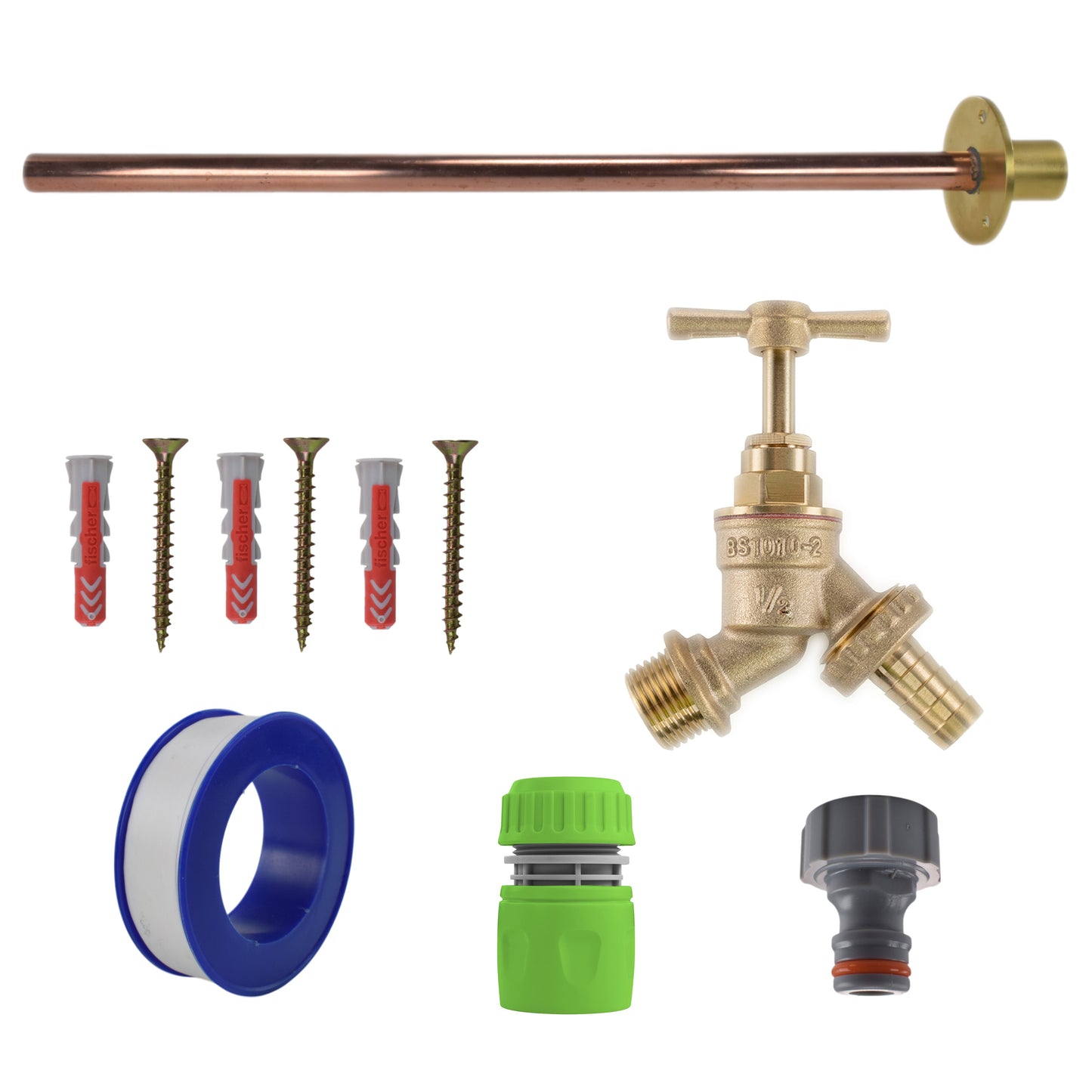 AP Supplies Brass Barbed Bib Tap BASIC Connection Kit - Kit with White/Grey Hose Connector