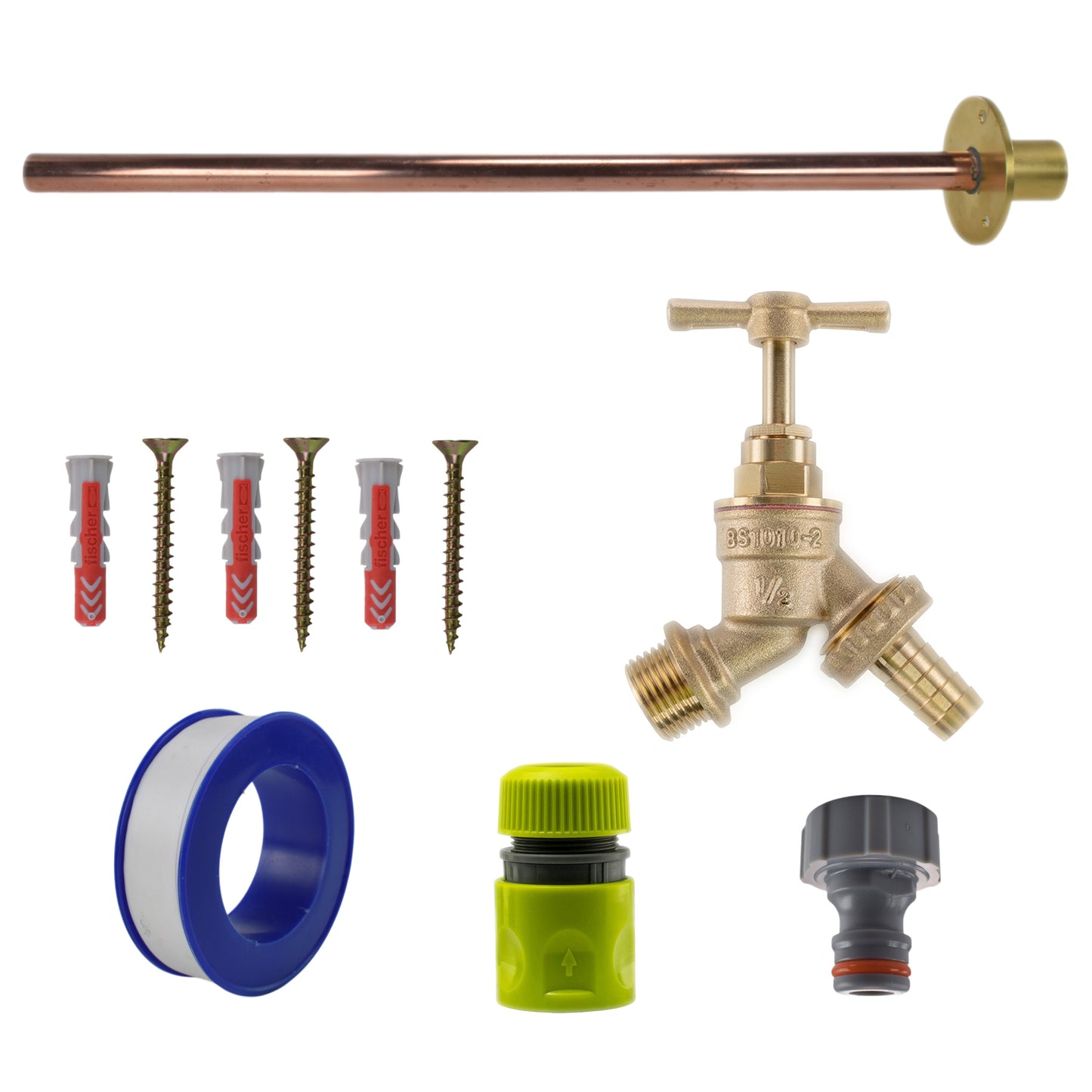 AP Supplies Brass Barbed Bib Tap BASIC Connection Kit - Kit with Lime/Grey Hose Connector
