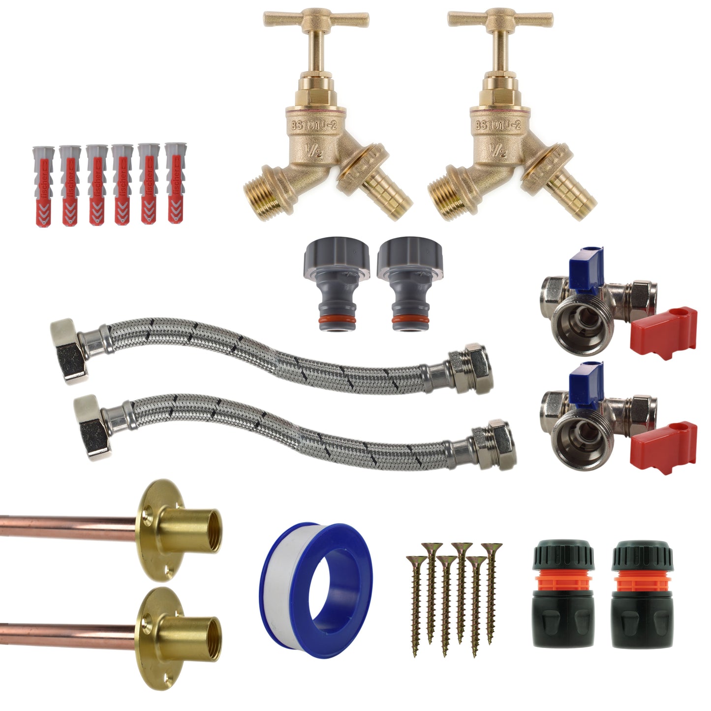 AP Supplies Brass Barbed Bib Tap STANDARD Connection Kit x2 - Kit with Black/Yellow Hose Connector