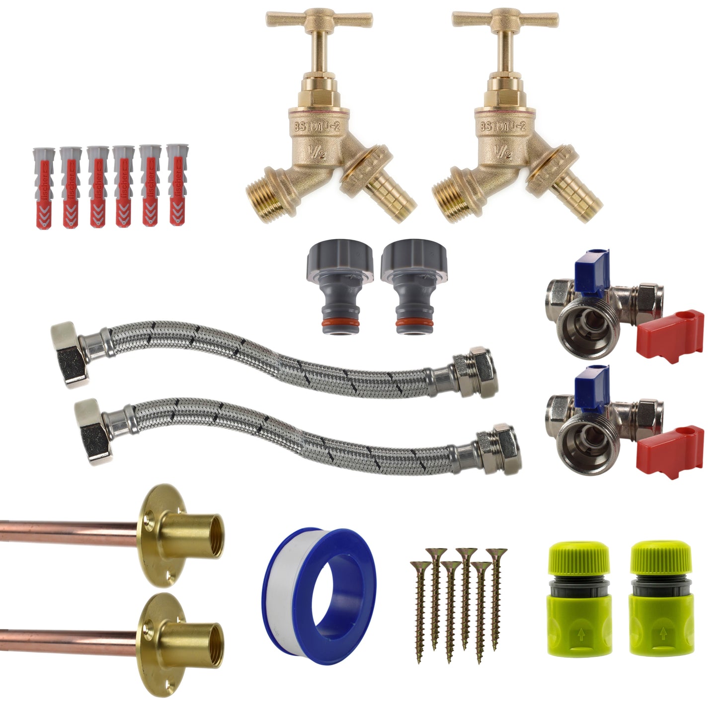 AP Supplies Brass Barbed Bib Tap STANDARD Connection Kit x2 - Kit with White/Grey Hose Connector