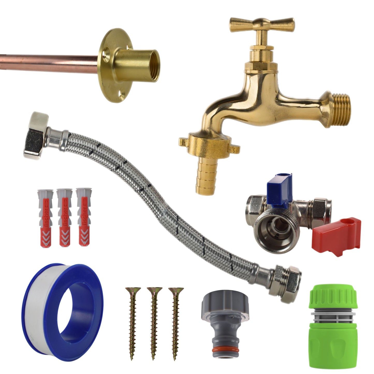 AP Supplies Polished Brass 13mm Barb Tap STANDARD Connection Kit - Kit with Black/Yellow Hose Connector