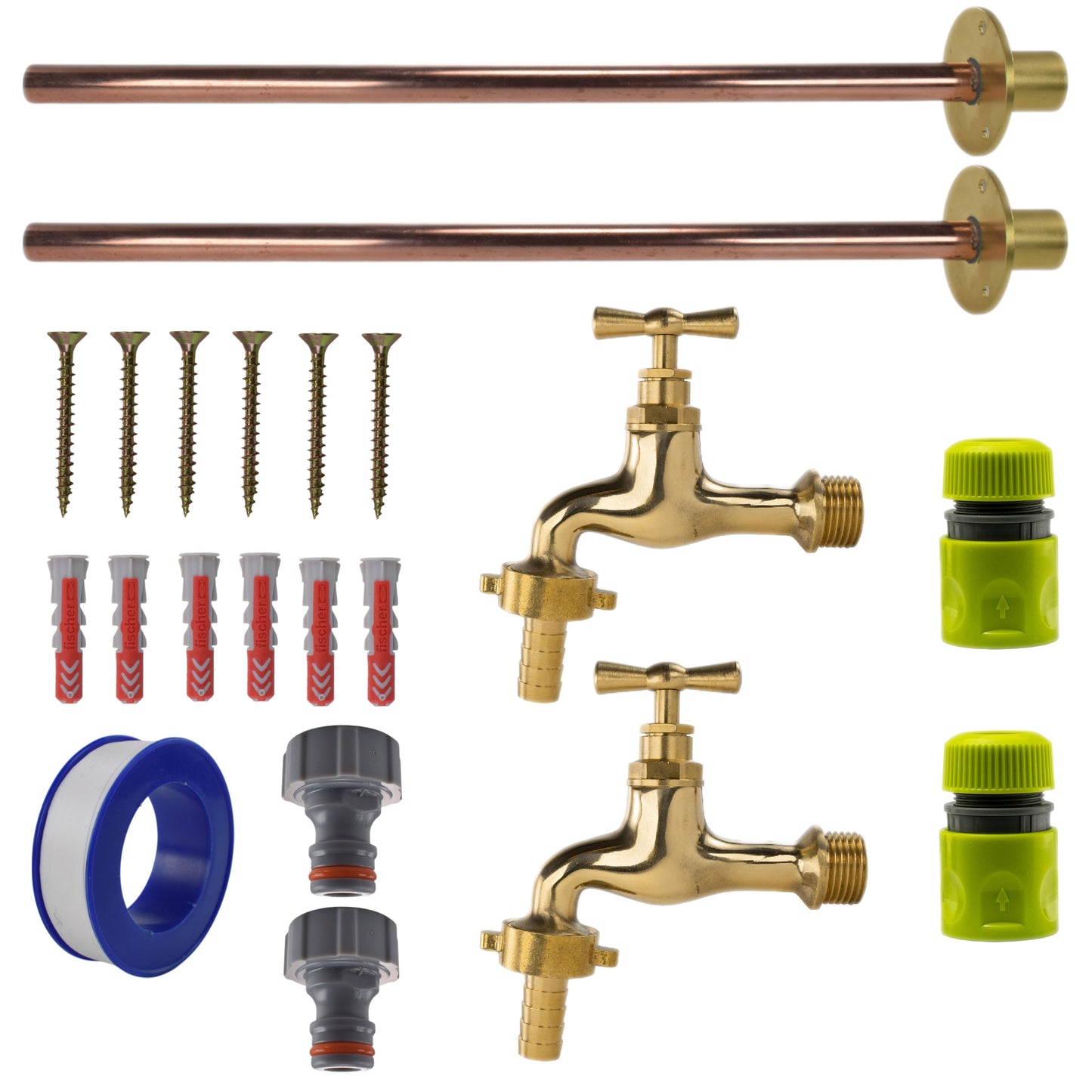 AP Supplies Polished Brass 13mm Barb Tap BASIC Connection Kit x2 - Kit with Black/Yellow Hose Connector