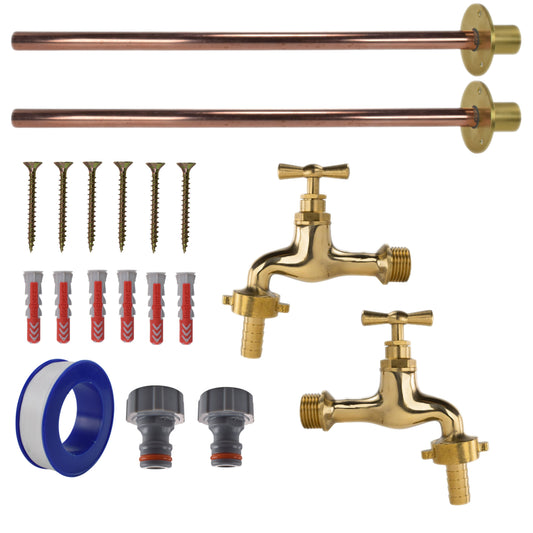 AP Supplies Polished Brass 13mm Barb Tap BASIC Connection Kit x2 - Polished Brass 13mm Barb Basic Tap Kit x2
