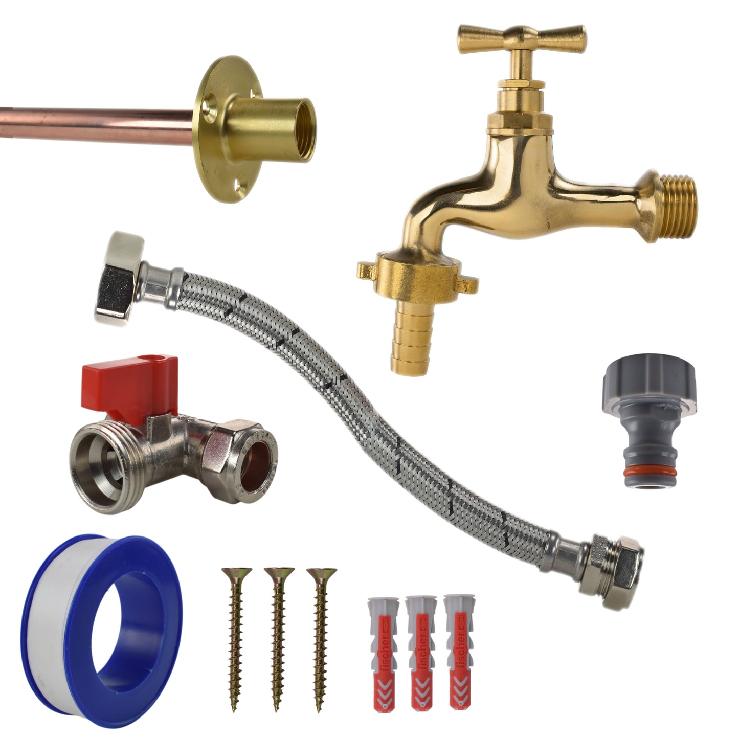 AP Supplies Polished Brass 13mm Barb Tap STANDARD Connection Kit - Kit with Brass Hose Connector