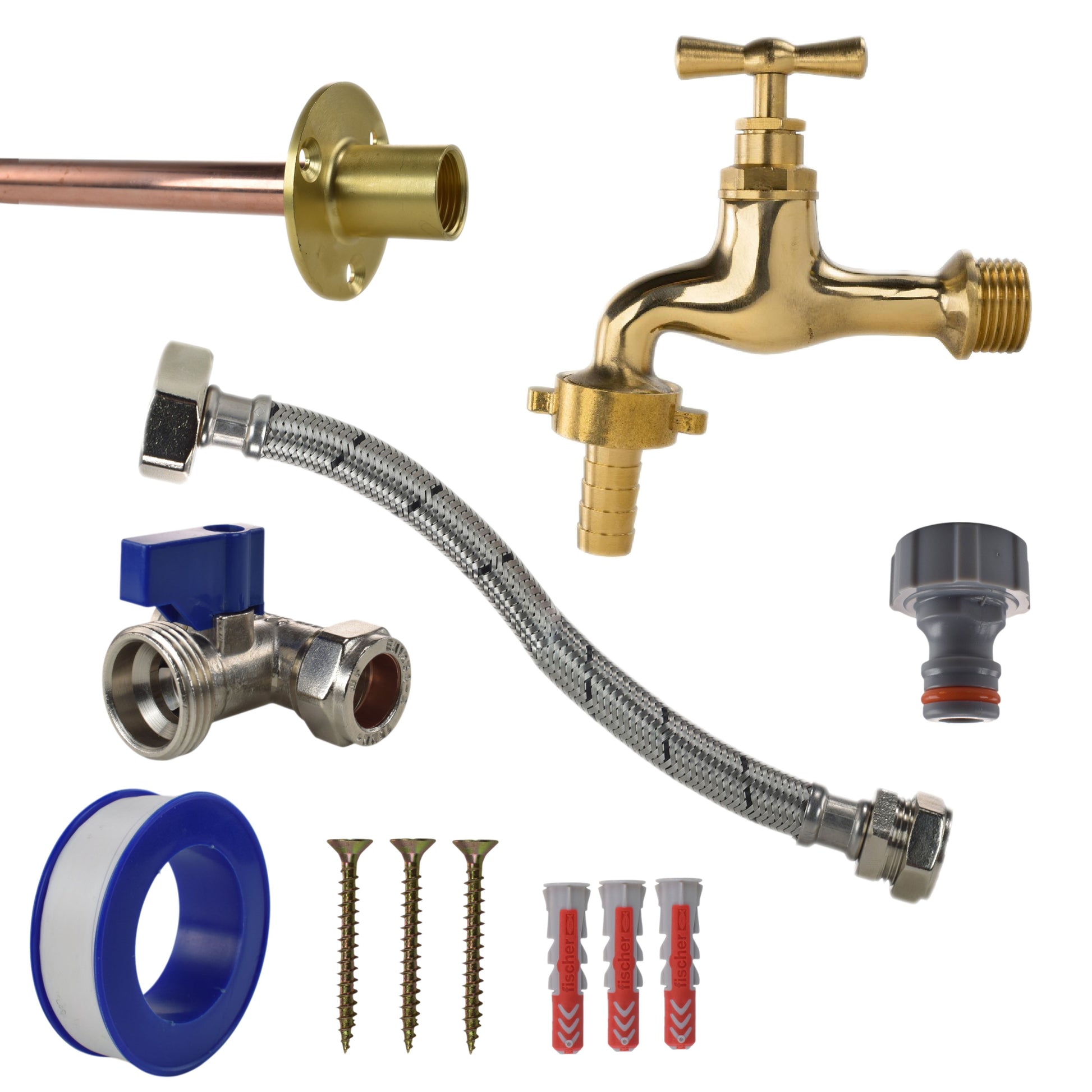 AP Supplies Polished Brass 13mm Barb Tap STANDARD Connection Kit - Polished Brass 13mm Barb Standard Tap Kit
