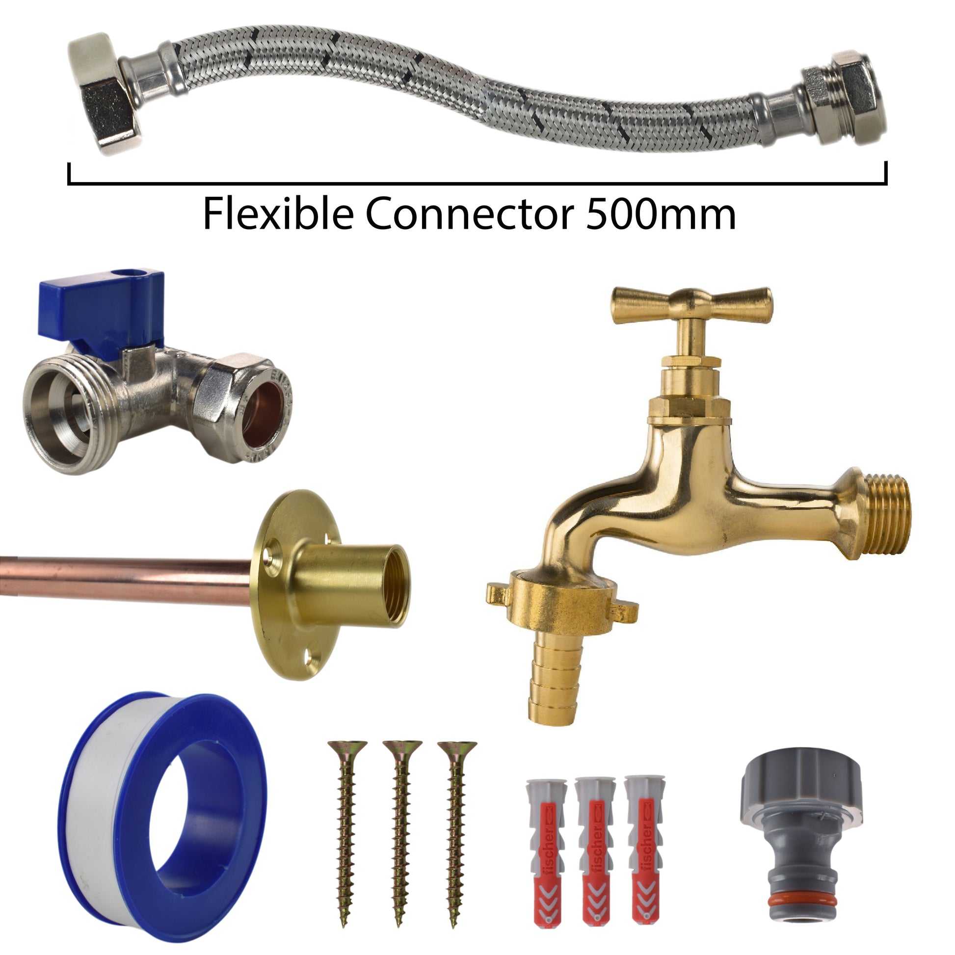 AP Supplies Polished Brass 13mm Barb Tap STANDARD Connection Kit - Kit with White Line Hose Connector
