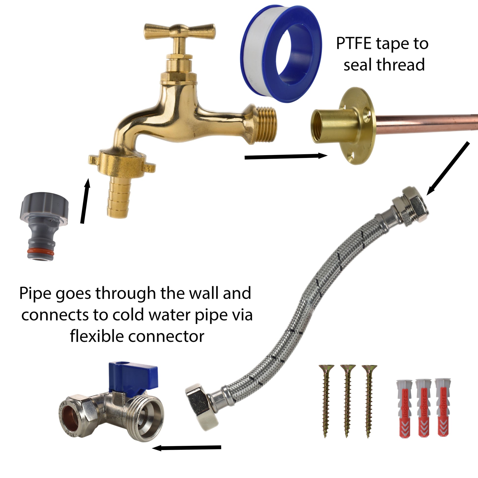 AP Supplies Polished Brass 13mm Barb Tap STANDARD Connection Kit - Kit with Lime/Grey Hose Connector