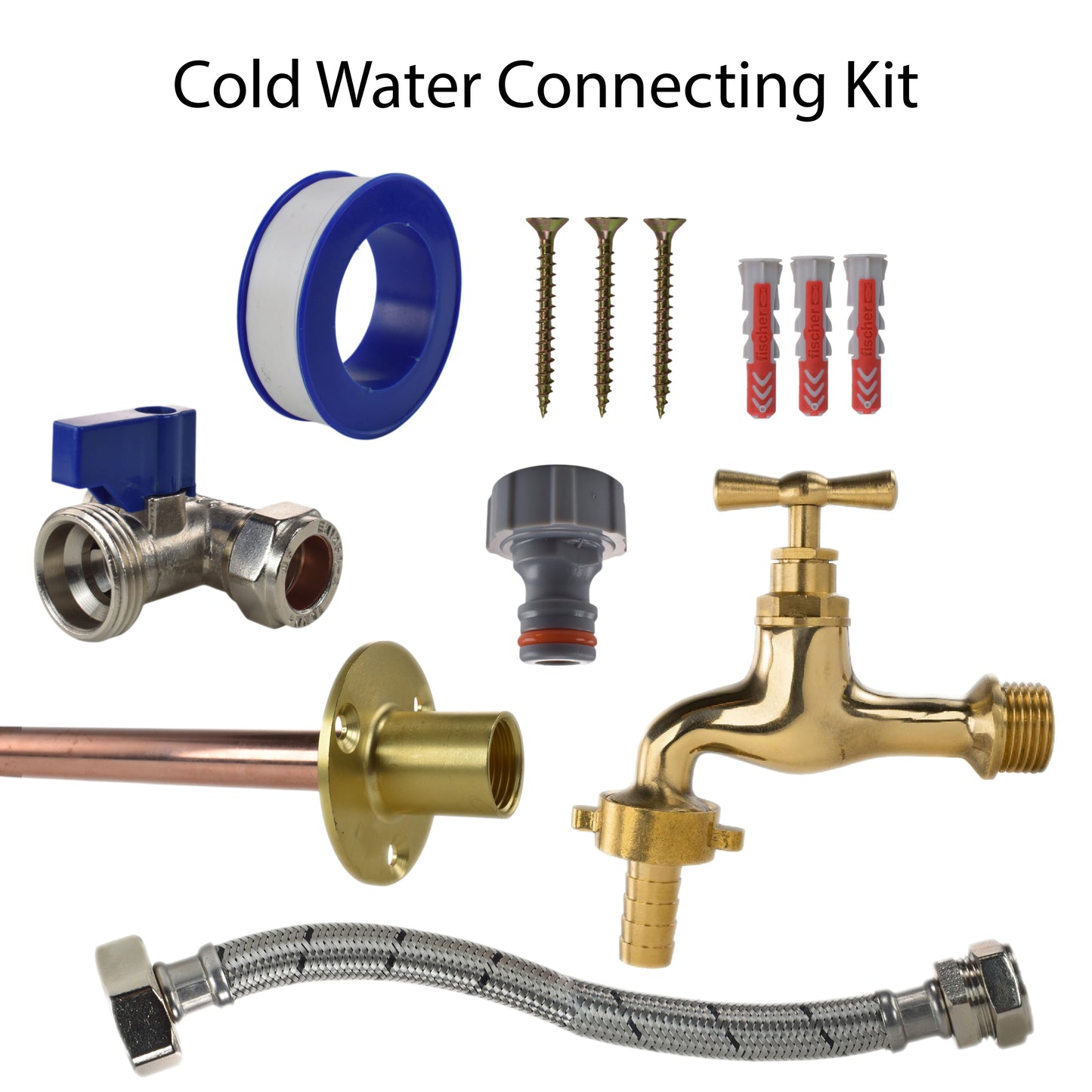 AP Supplies Polished Brass 13mm Barb Tap STANDARD Connection Kit - Kit with White/Grey Hose Connector
