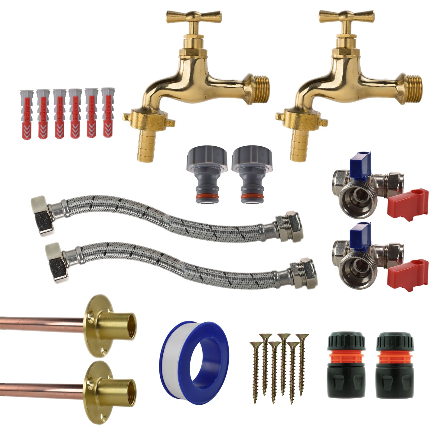 AP Supplies Polished Brass 13mm Barb Tap STANDARD Connection Kit x2