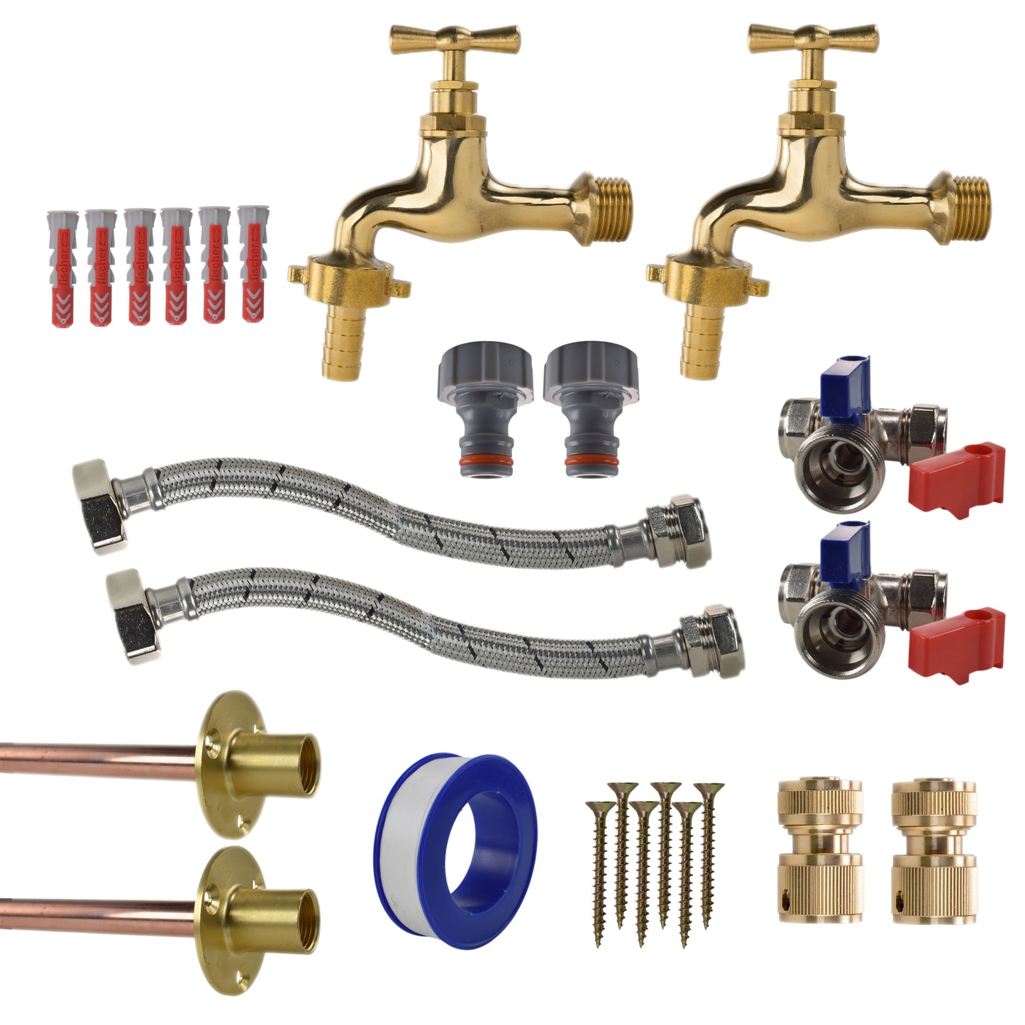 AP Supplies Polished Brass 13mm Barb Tap STANDARD Connection Kit x2