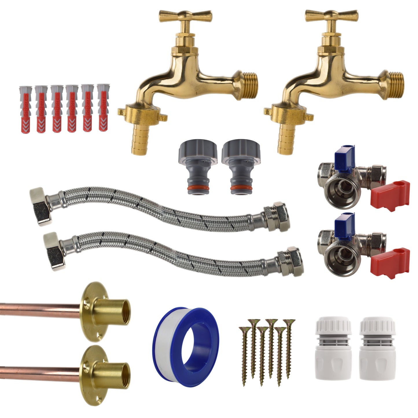 AP Supplies Polished Brass 13mm Barb Tap STANDARD Connection Kit x2