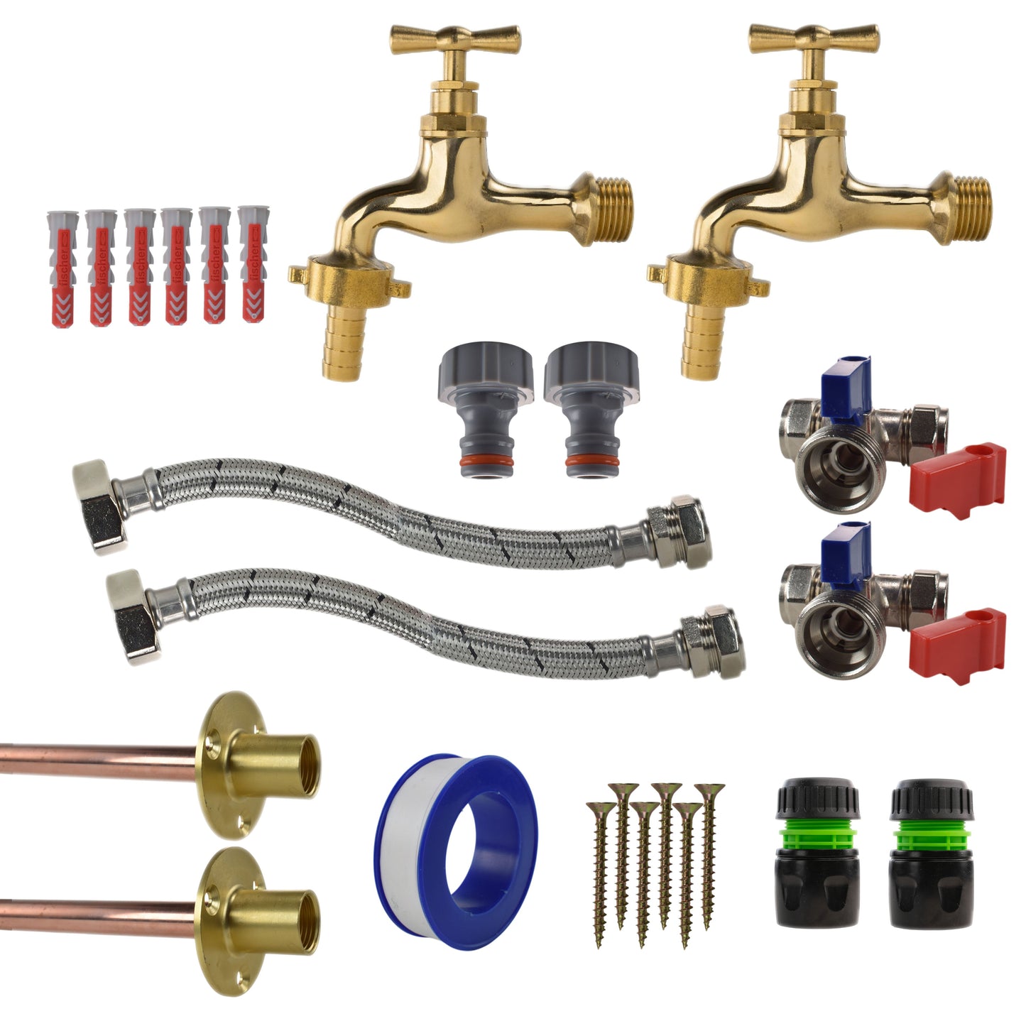 AP Supplies Polished Brass 13mm Barb Tap STANDARD Connection Kit x2