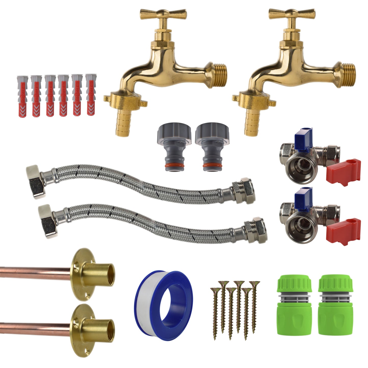 AP Supplies Polished Brass 13mm Barb Tap STANDARD Connection Kit x2