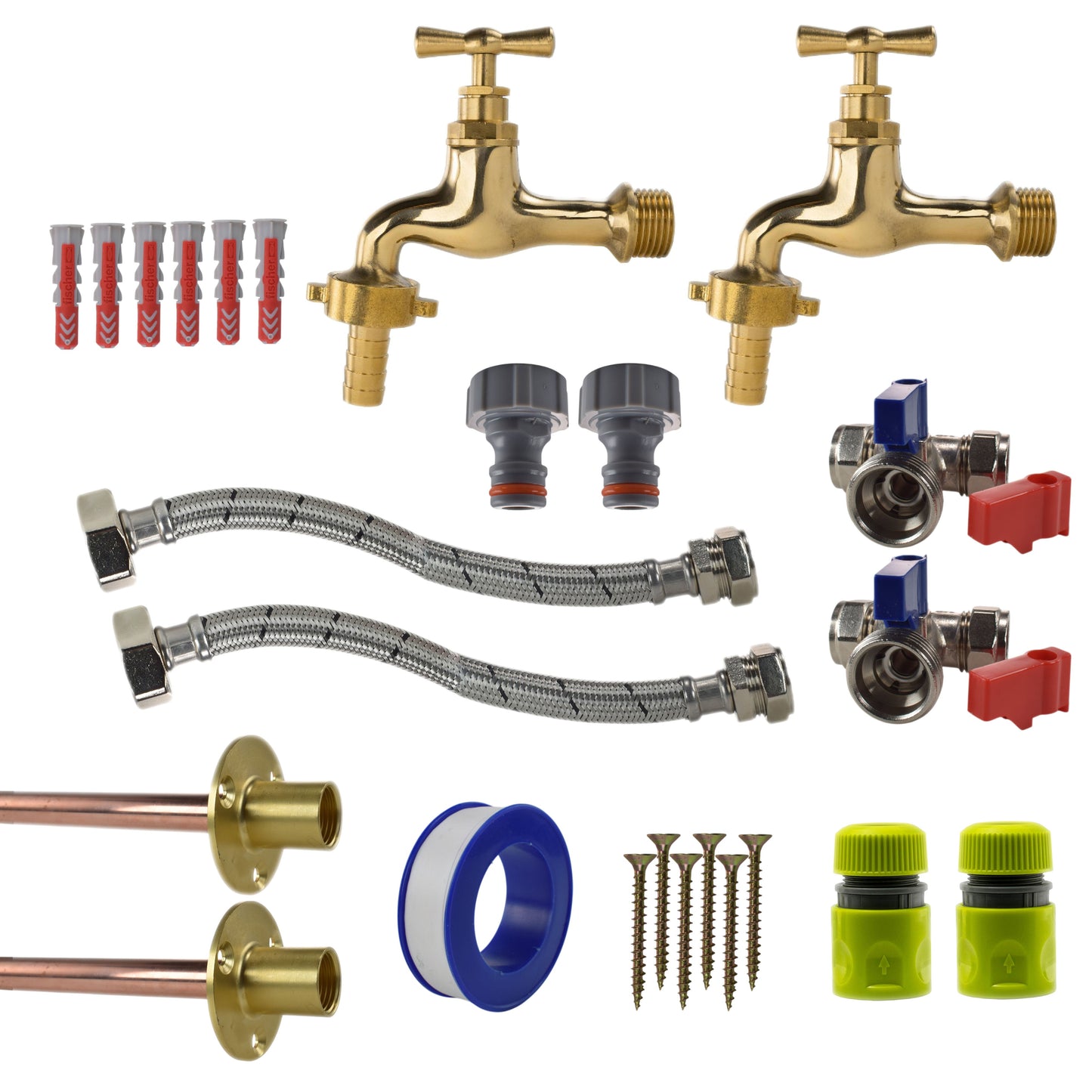 AP Supplies Polished Brass 13mm Barb Tap STANDARD Connection Kit x2