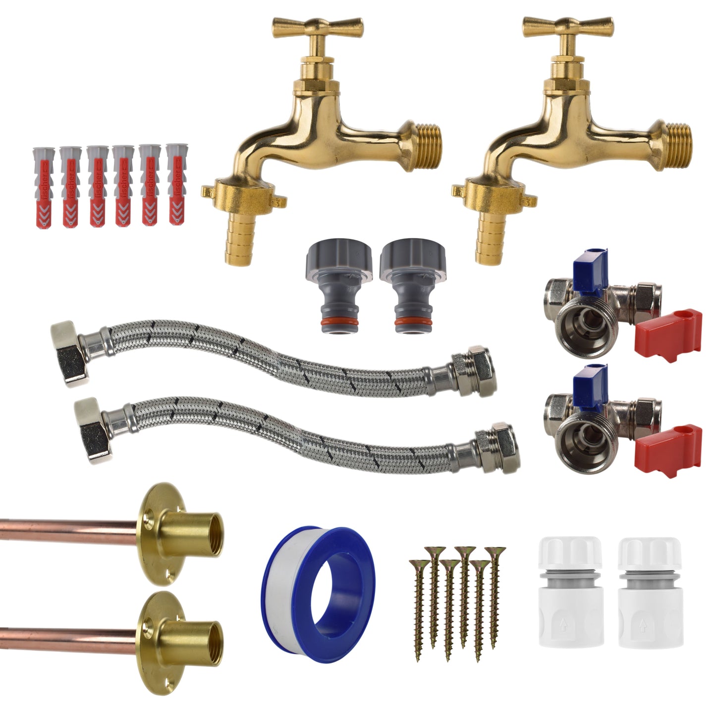 AP Supplies Polished Brass 13mm Barb Tap STANDARD Connection Kit x2
