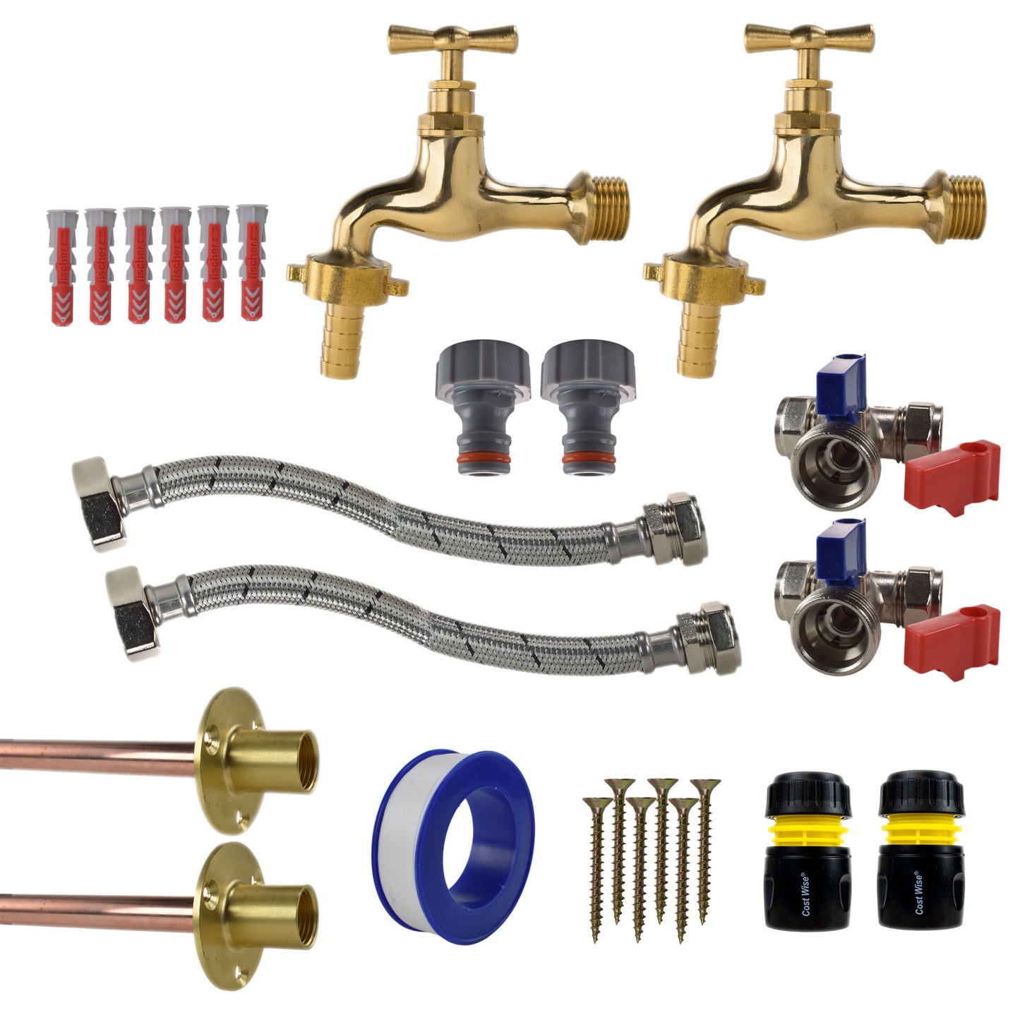 AP Supplies Polished Brass 13mm Barb Tap STANDARD Connection Kit x2