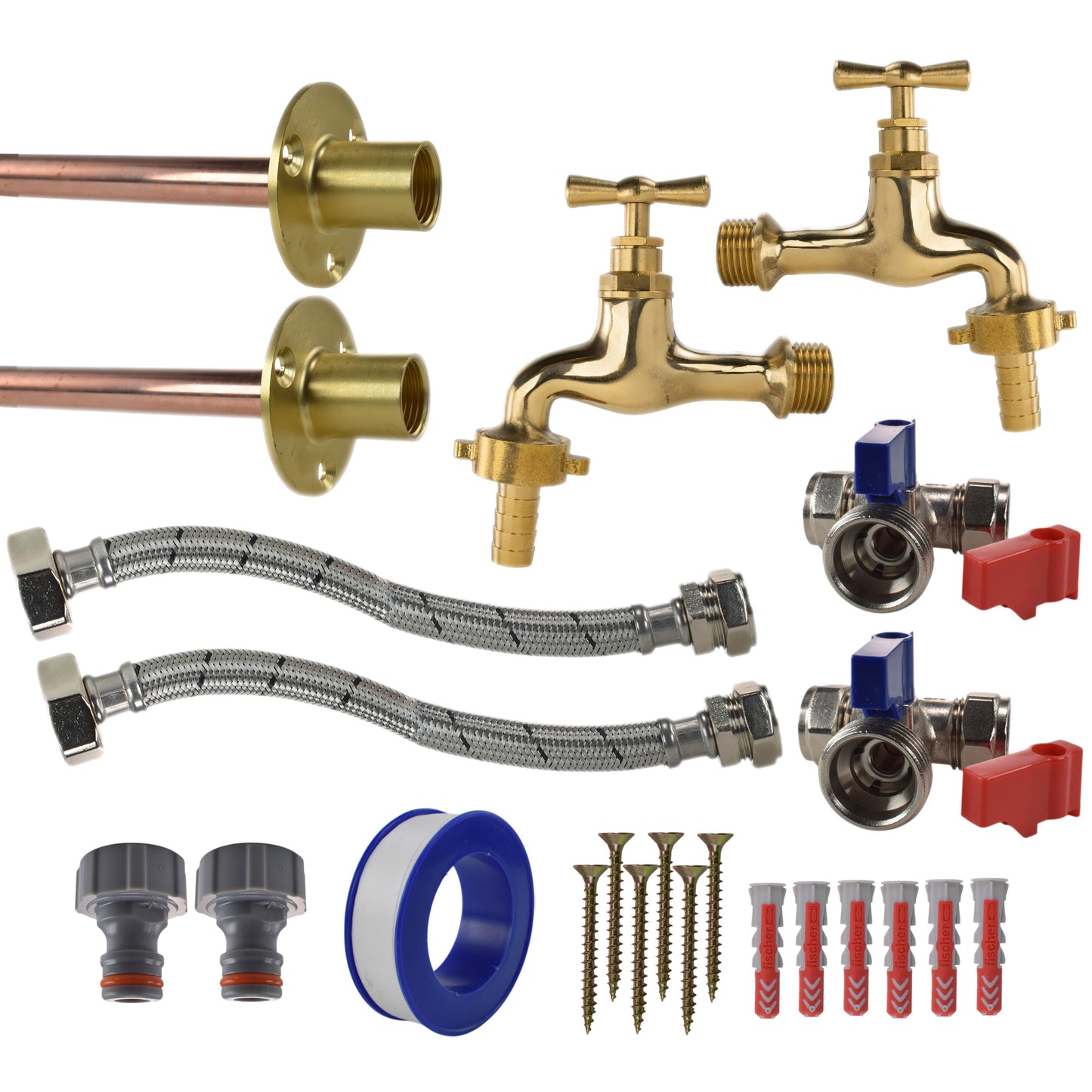 AP Supplies Polished Brass 13mm Barb Tap STANDARD Connection Kit x2 - Polished Brass 13mm Barb Standard Tap Kit x2