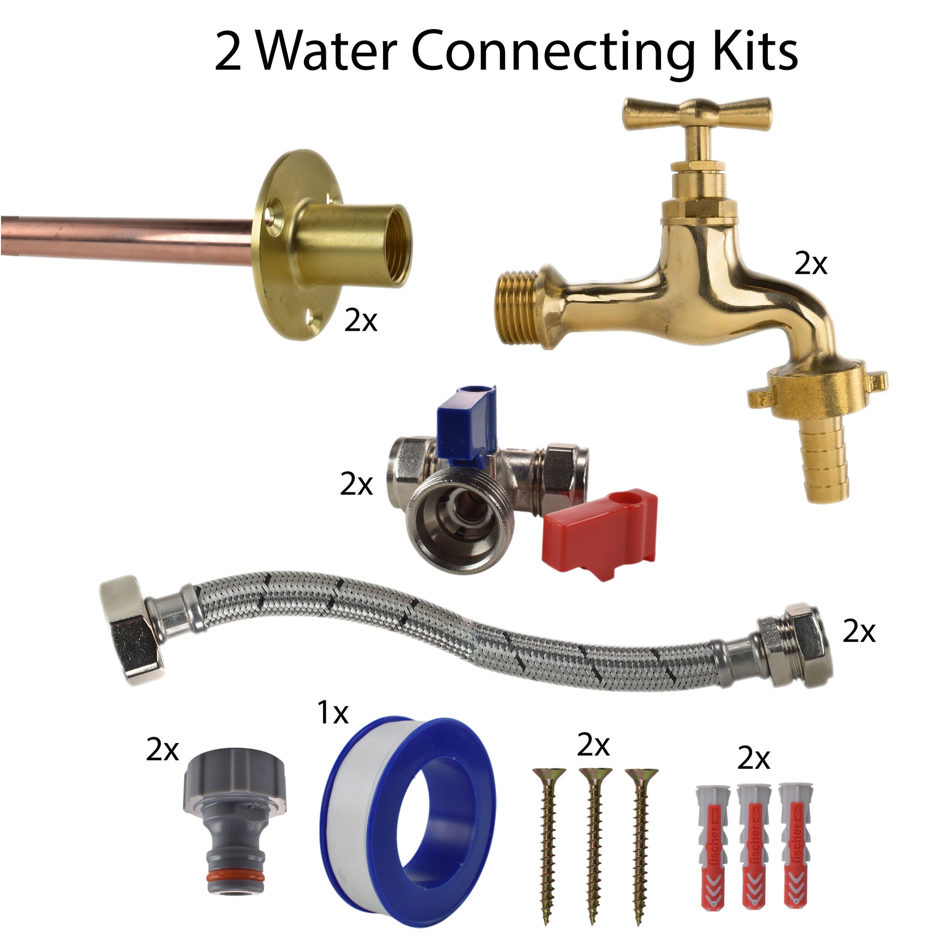 AP Supplies Polished Brass 13mm Barb Tap STANDARD Connection Kit x2 - Kit with White Line Hose Connector