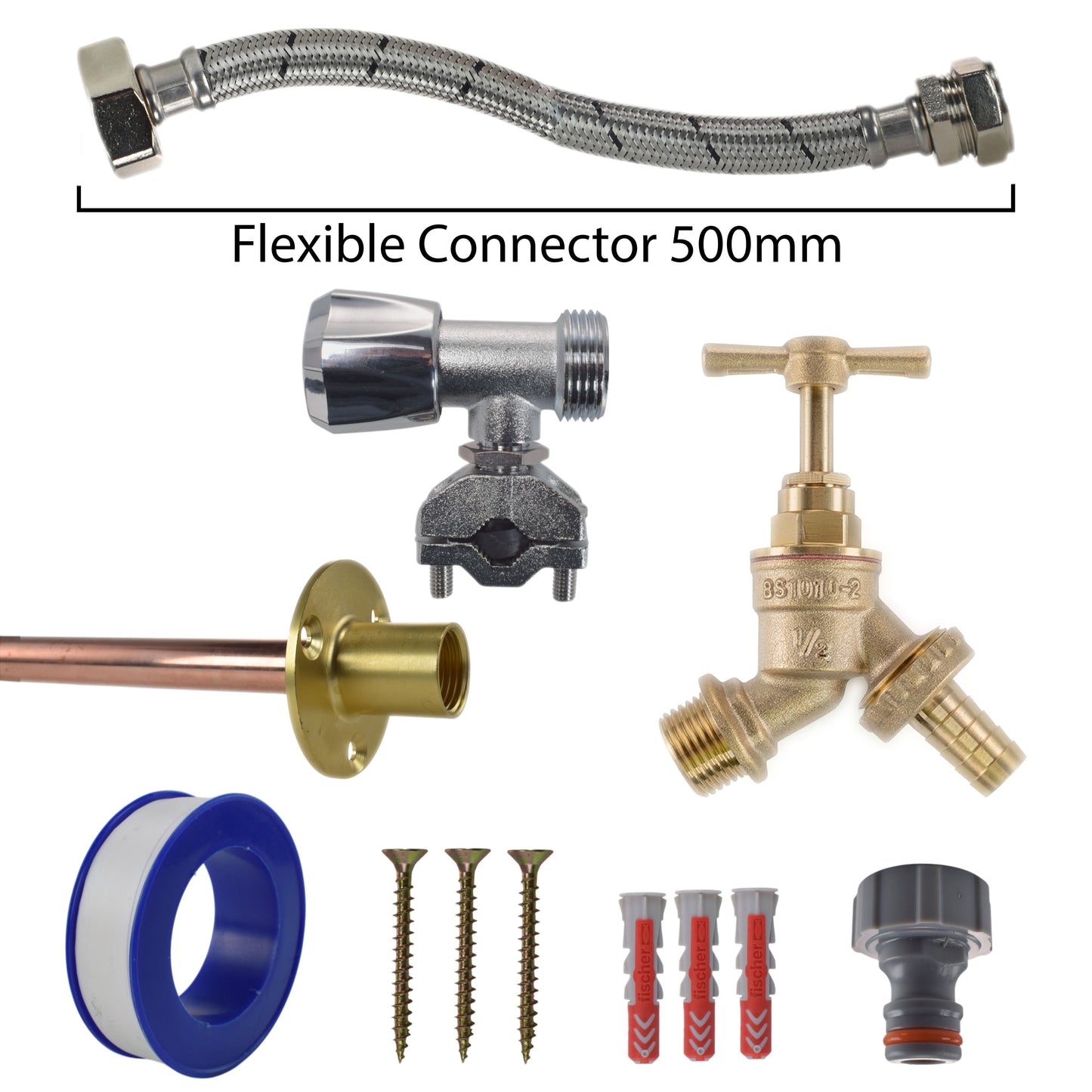 AP Supplies Brass Barbed Bib Tap FULL Connection Kit - Kit with White Line Hose Connector