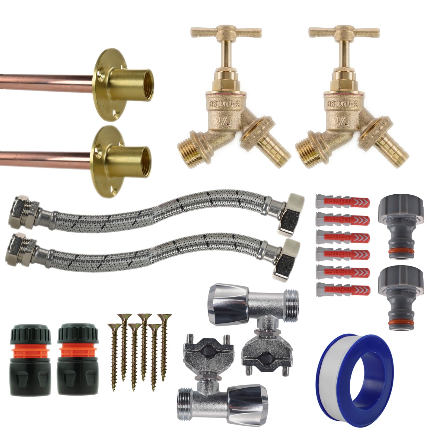 AP Supplies Brass Barbed Bib Tap FULL Connection Kit x2