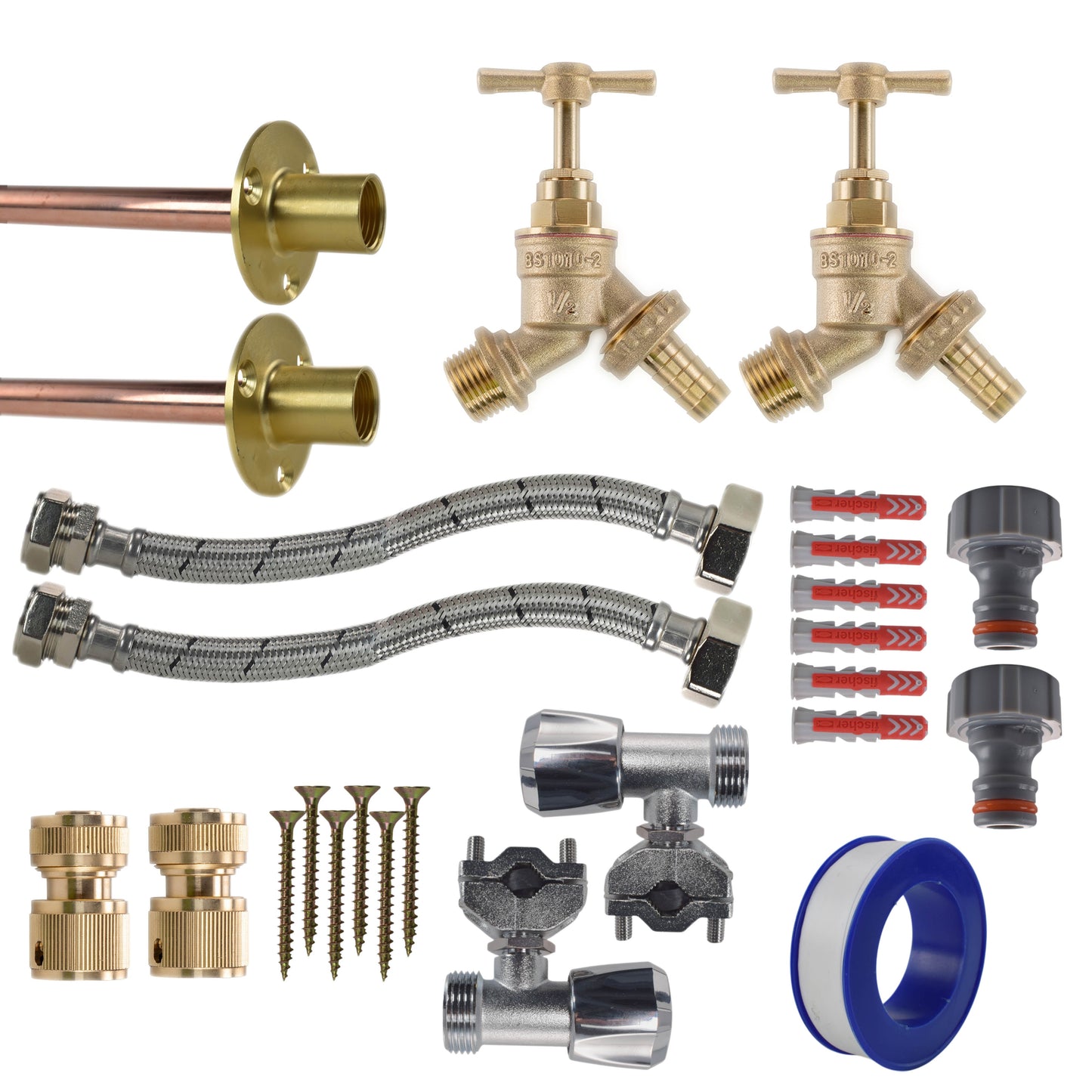 AP Supplies Brass Barbed Bib Tap FULL Connection Kit x2