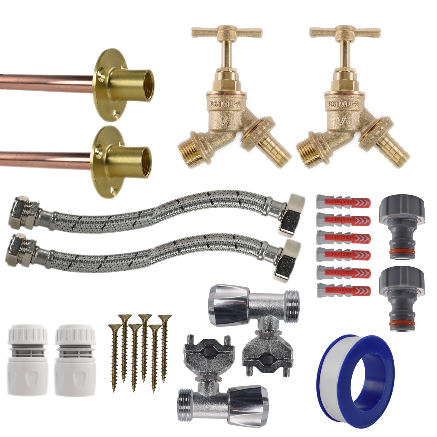 AP Supplies Brass Barbed Bib Tap FULL Connection Kit x2