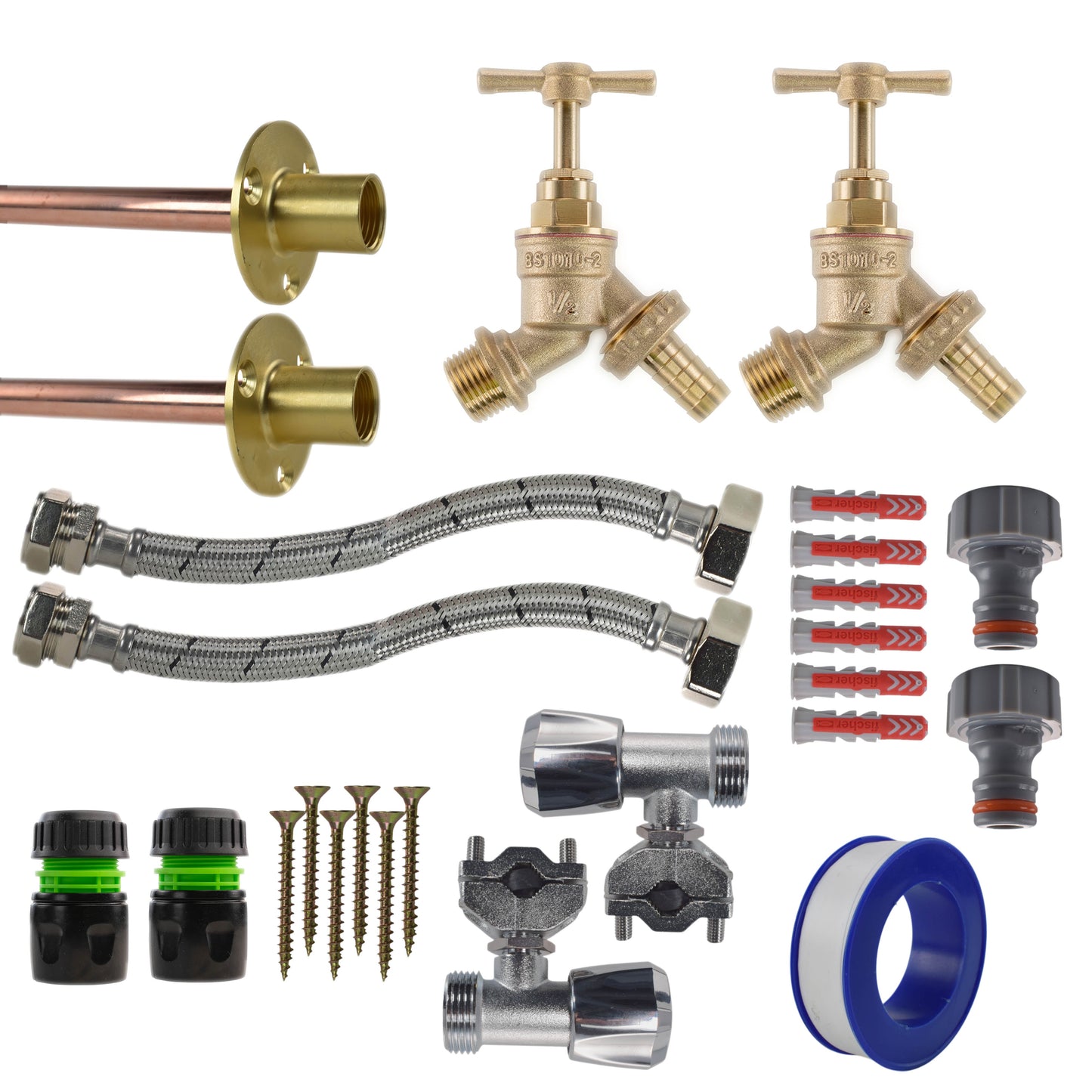 AP Supplies Brass Barbed Bib Tap FULL Connection Kit x2