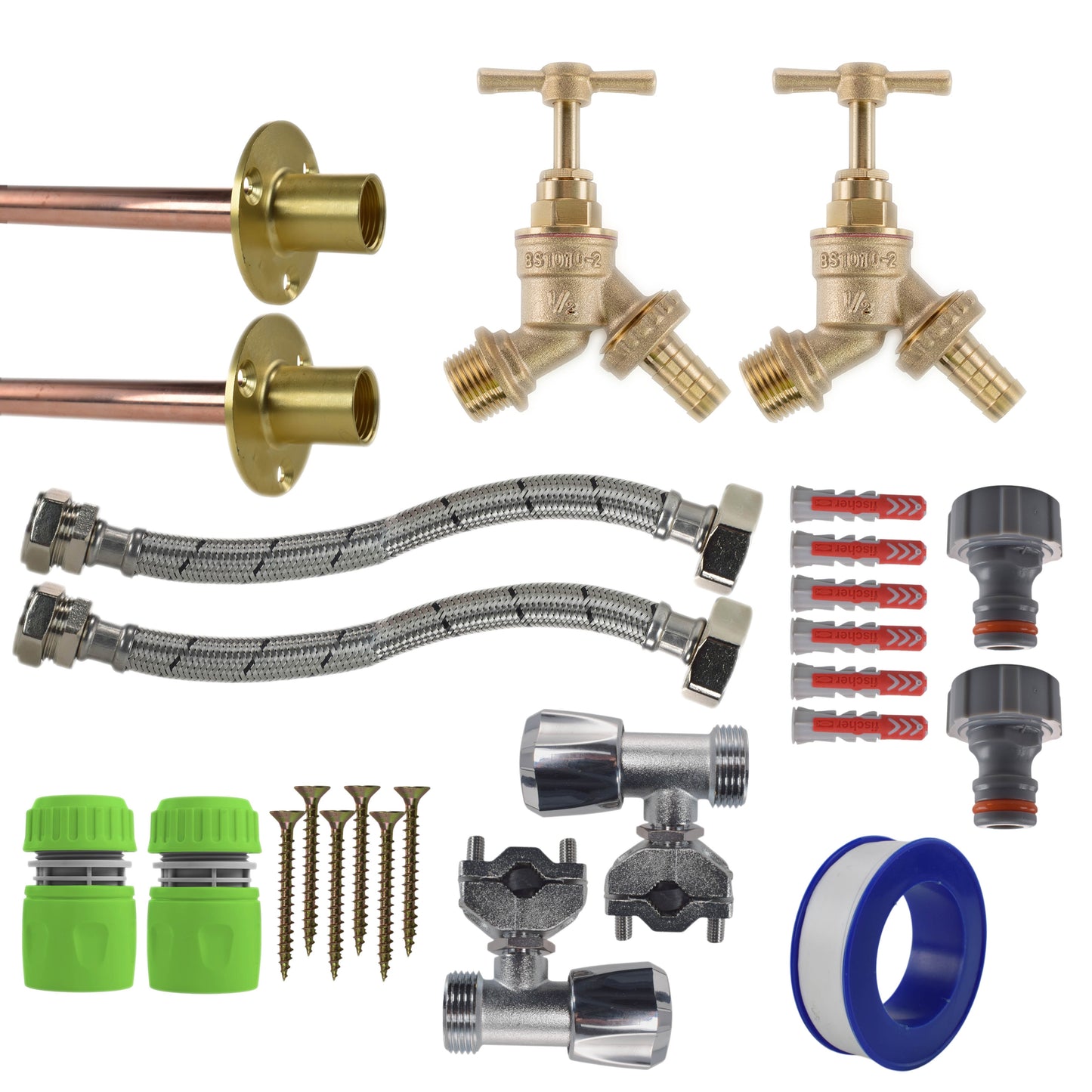 AP Supplies Brass Barbed Bib Tap FULL Connection Kit x2