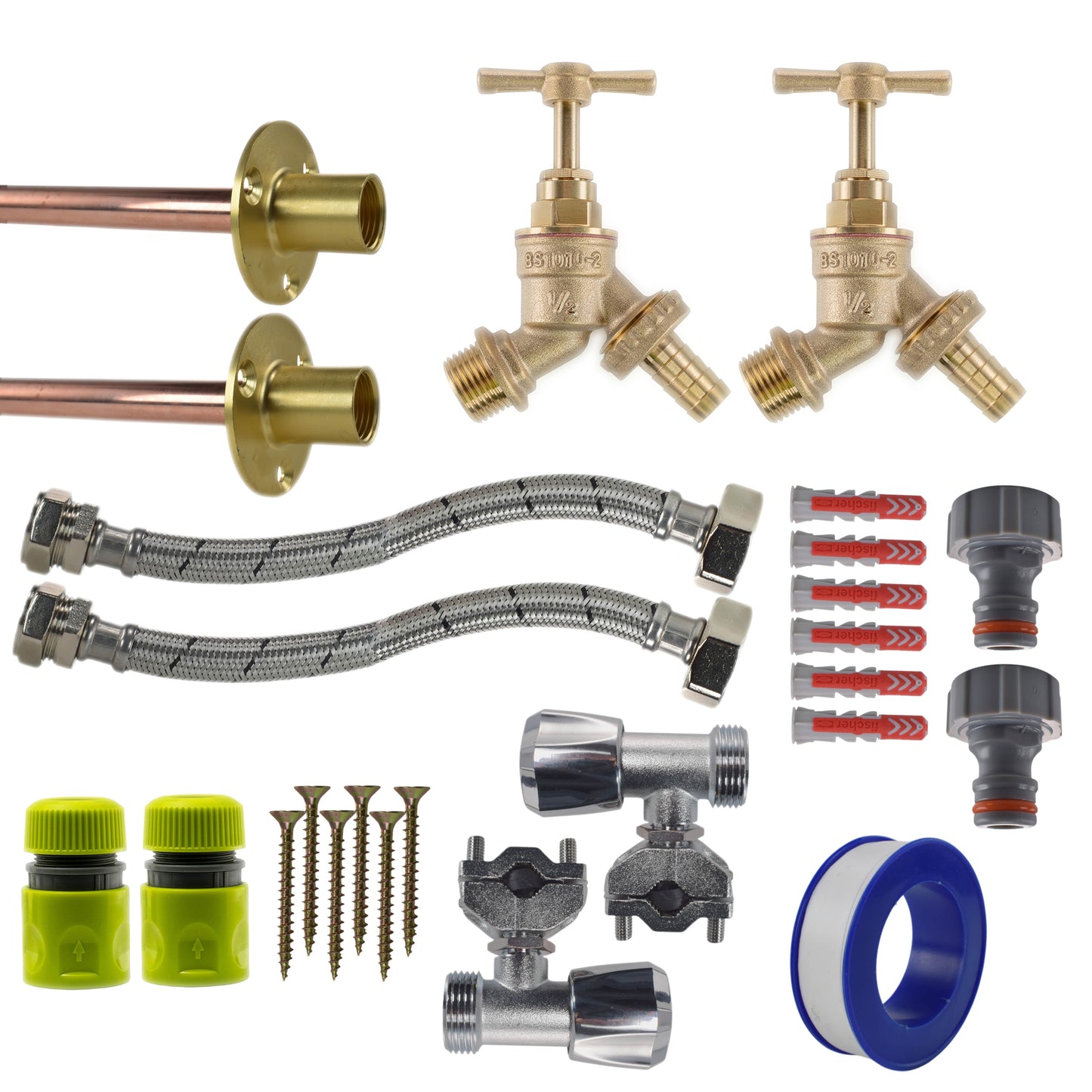 AP Supplies Brass Barbed Bib Tap FULL Connection Kit x2