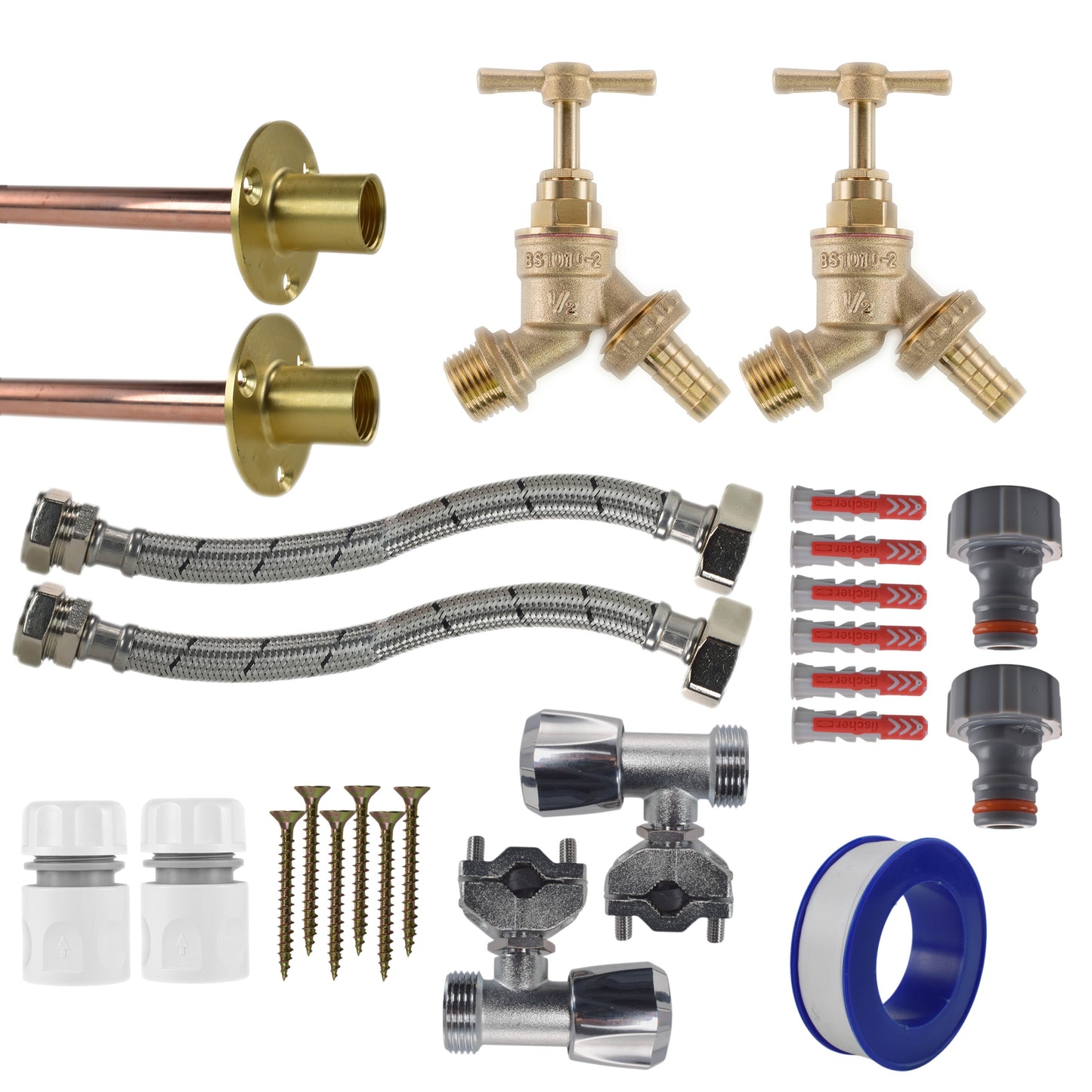 AP Supplies Brass Barbed Bib Tap FULL Connection Kit x2