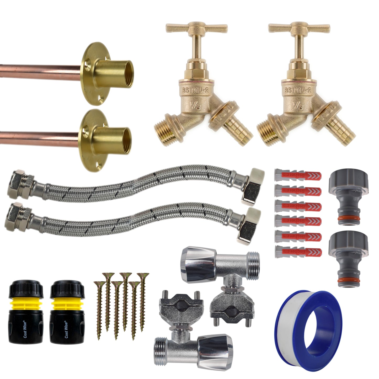 AP Supplies Brass Barbed Bib Tap FULL Connection Kit x2