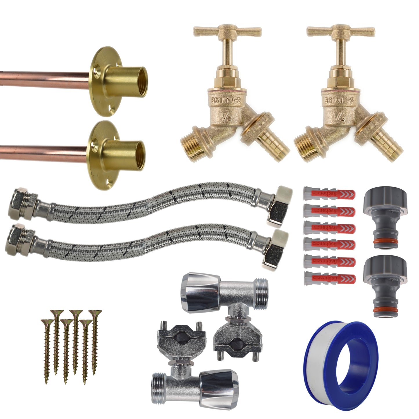 AP Supplies Brass Barbed Bib Tap FULL Connection Kit x2 - Brass Barbed Full Tap Kit x2