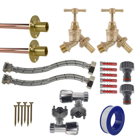 AP Supplies Brass Barbed Bib Tap FULL Connection Kit x2 - Brass Barbed Full Tap Kit x2