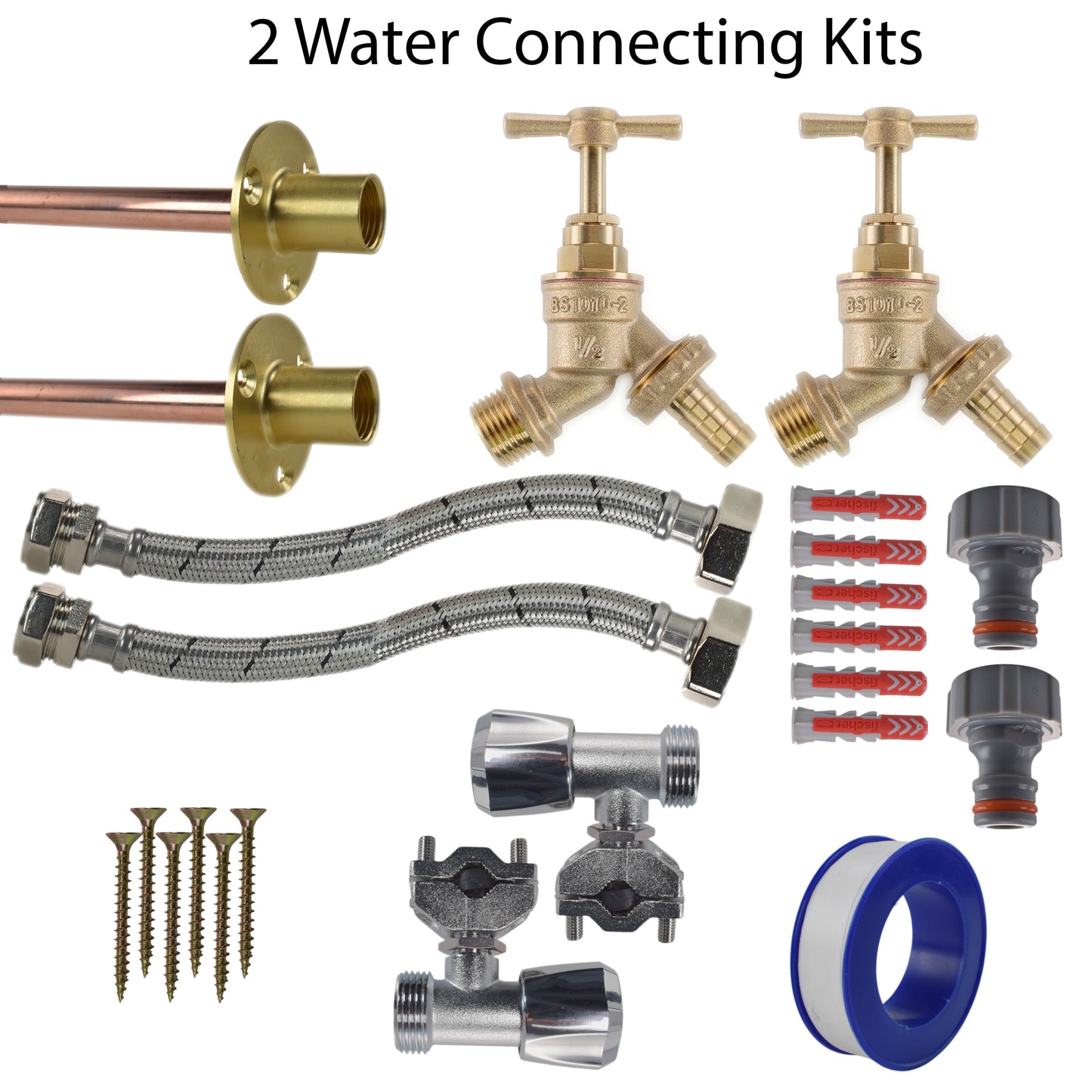AP Supplies Brass Barbed Bib Tap FULL Connection Kit x2 - Kit with White Line Hose Connector