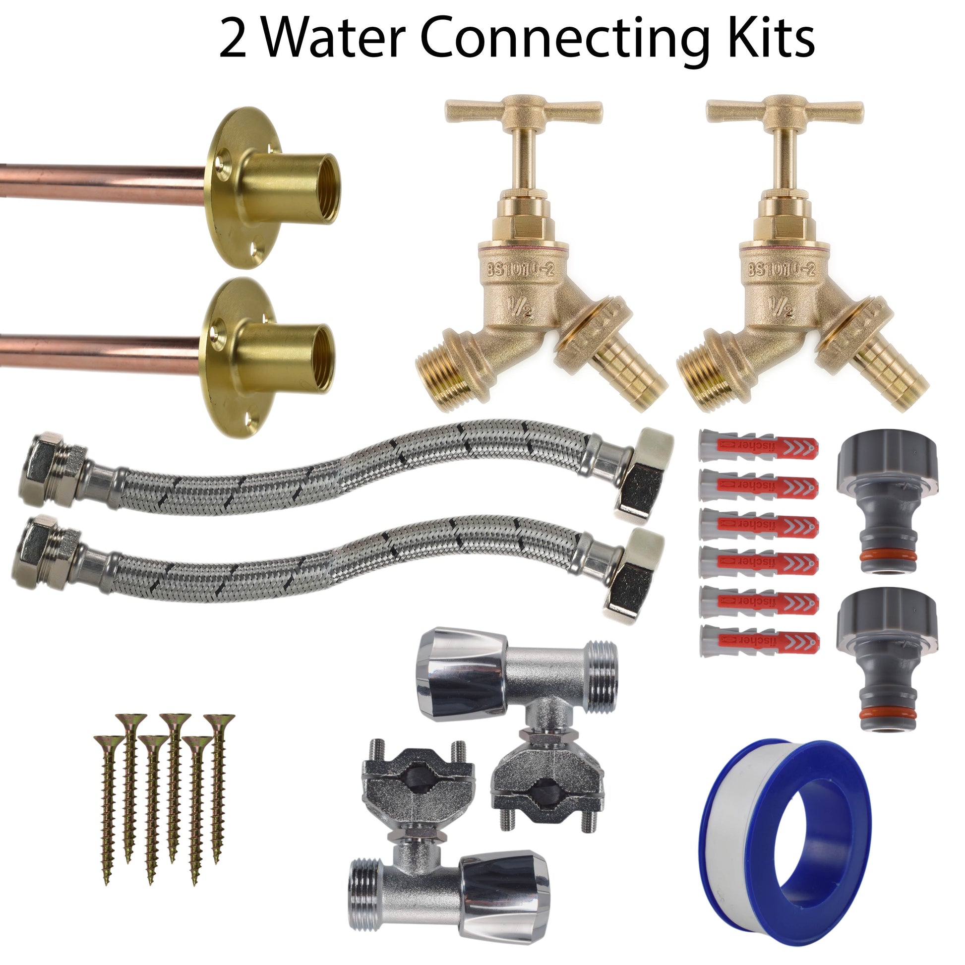 AP Supplies Brass Barbed Bib Tap FULL Connection Kit x2 - Kit with White Line Hose Connector