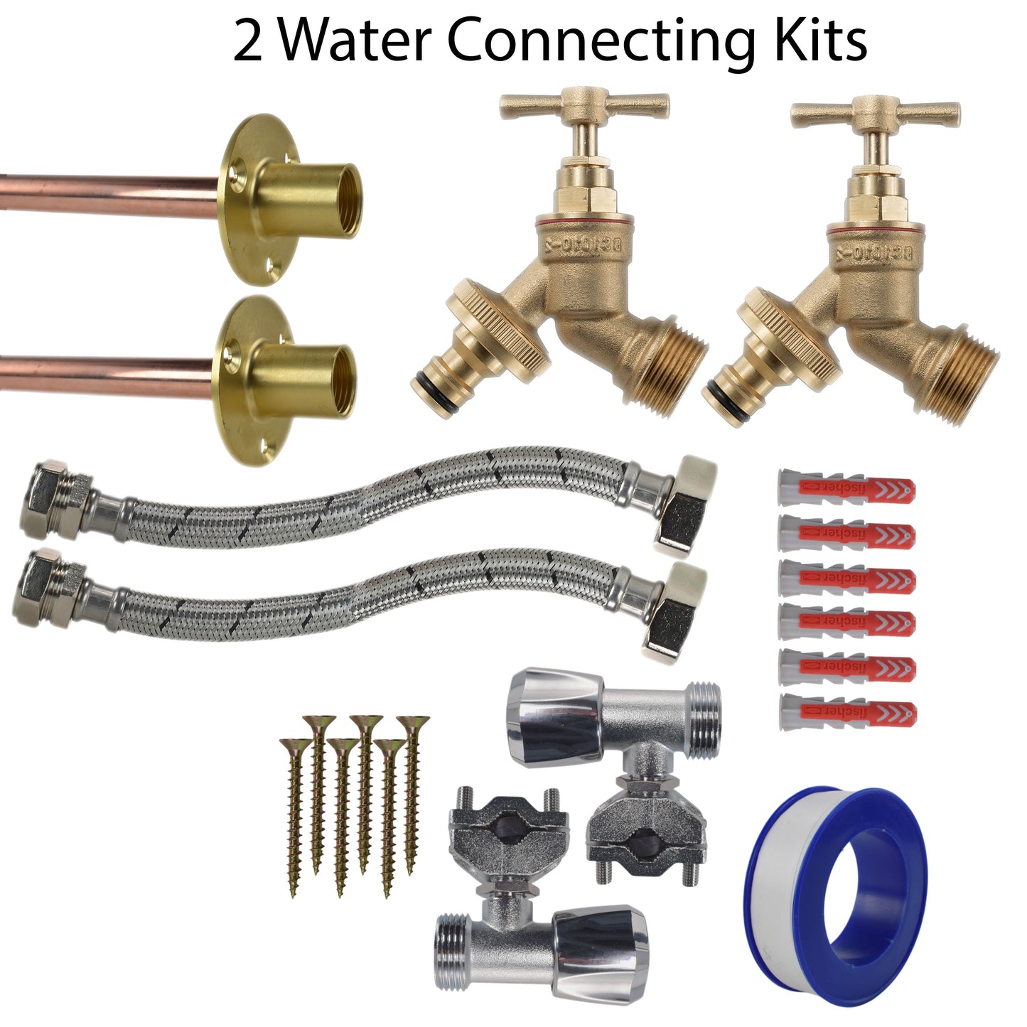 AP Supplies Brass Quick Connect Bib Tap FULL Connection Kit x2 - Kit with White Line Hose Connector