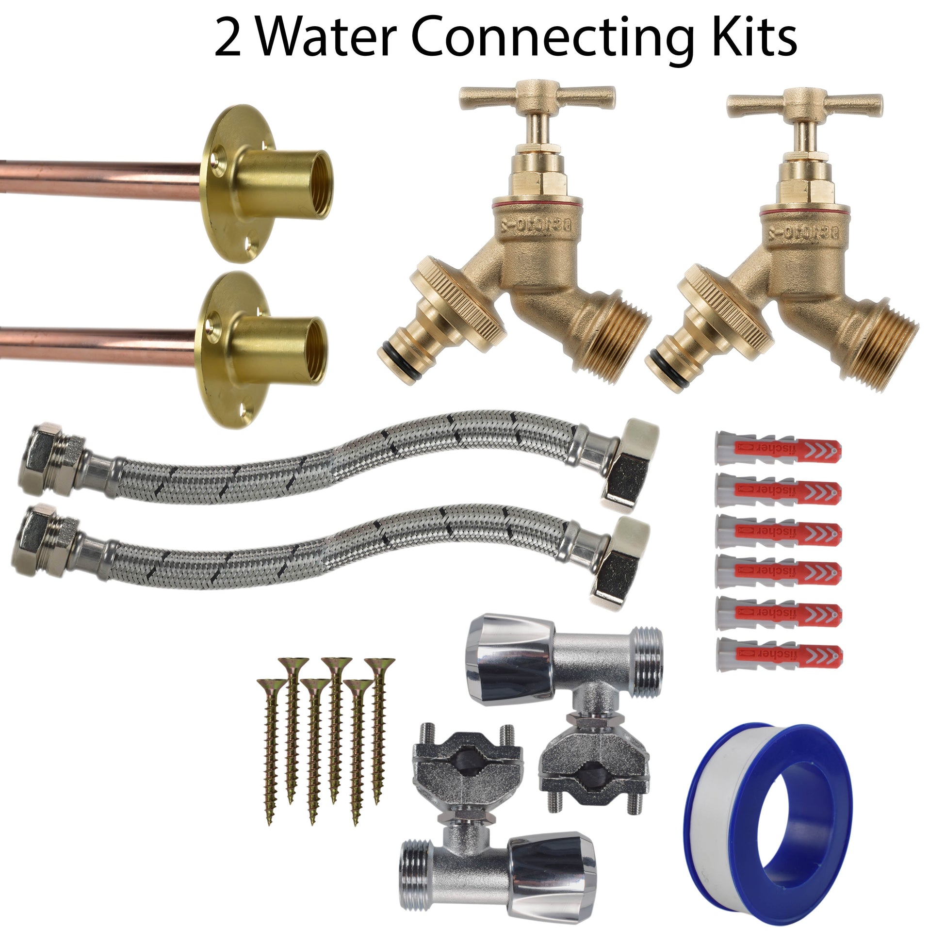 AP Supplies Brass Quick Connect Bib Tap FULL Connection Kit x2 - Kit with White Line Hose Connector