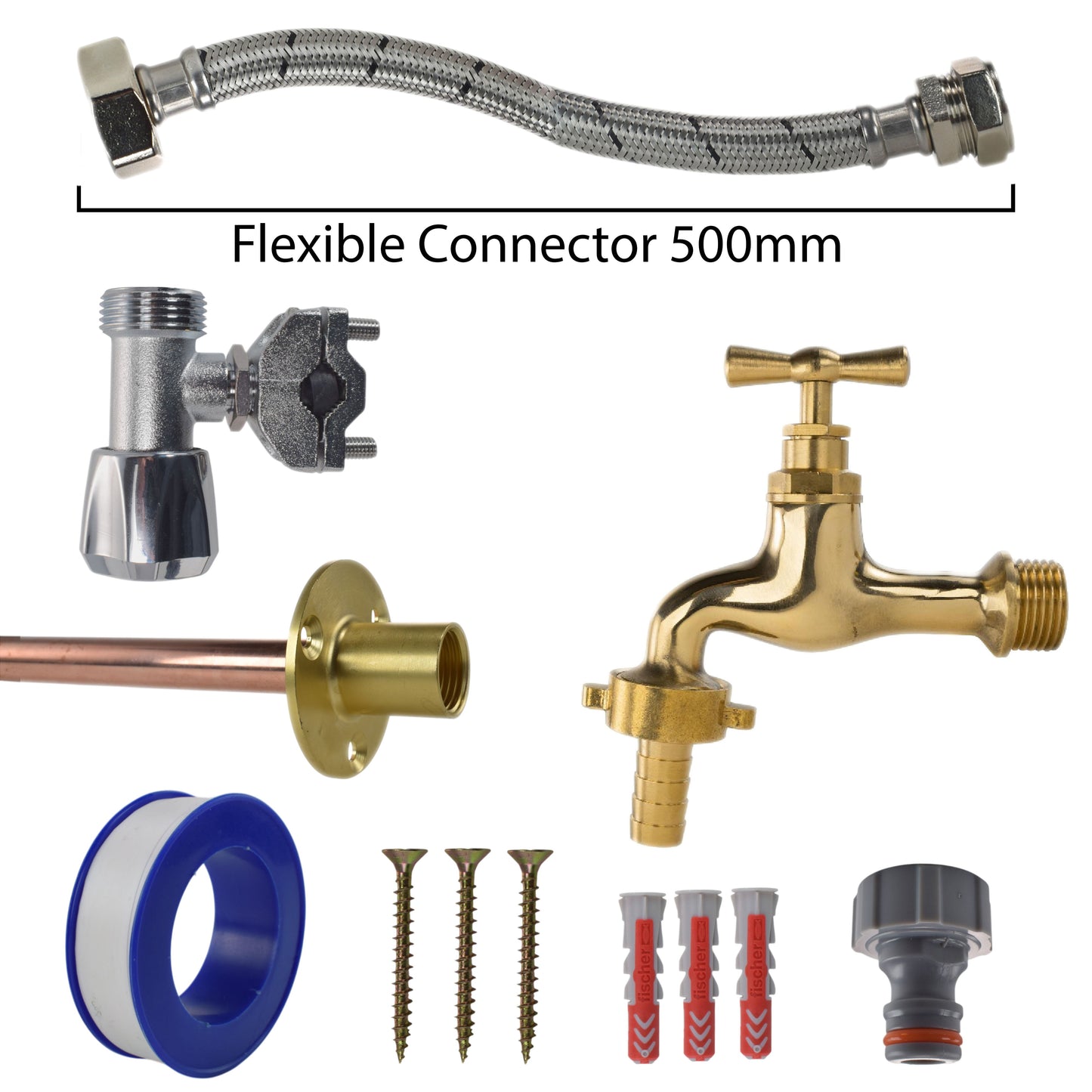 AP Supplies Polished Brass 13mm Barb Tap FULL Connection Kit - Kit with White Line Hose Connector