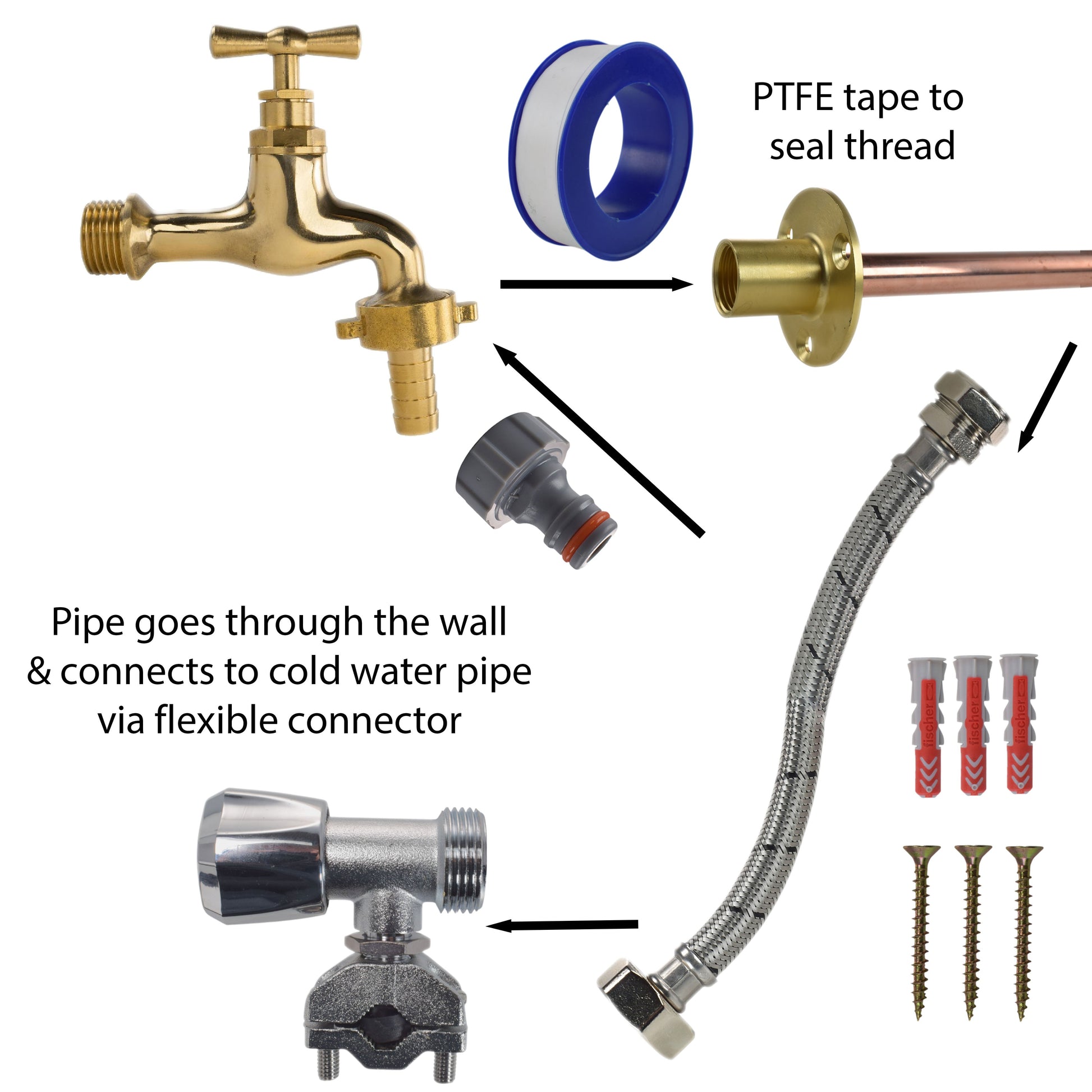 AP Supplies Polished Brass 13mm Barb Tap FULL Connection Kit - Kit with Lime Line Hose Connector