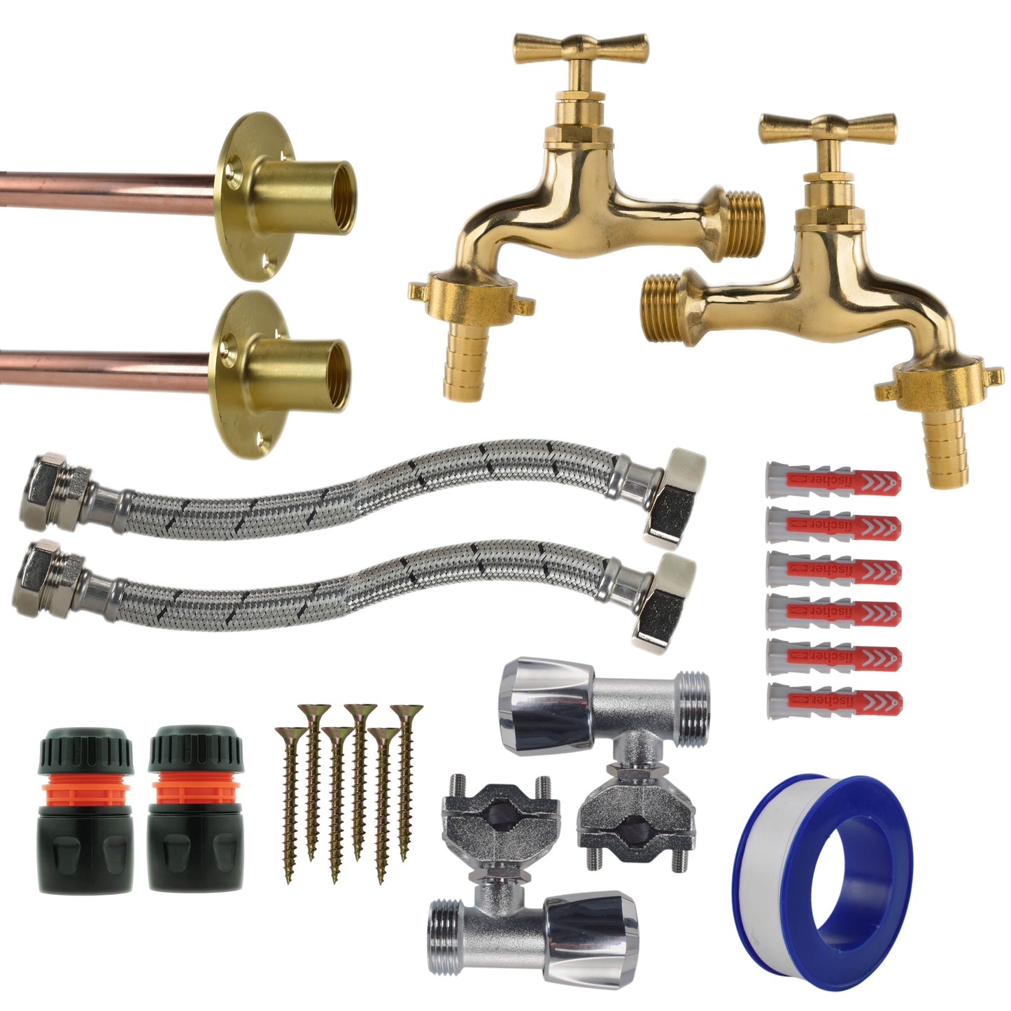 AP Supplies Polished Brass 13mm Barb Tap FULL Connection Kit x2