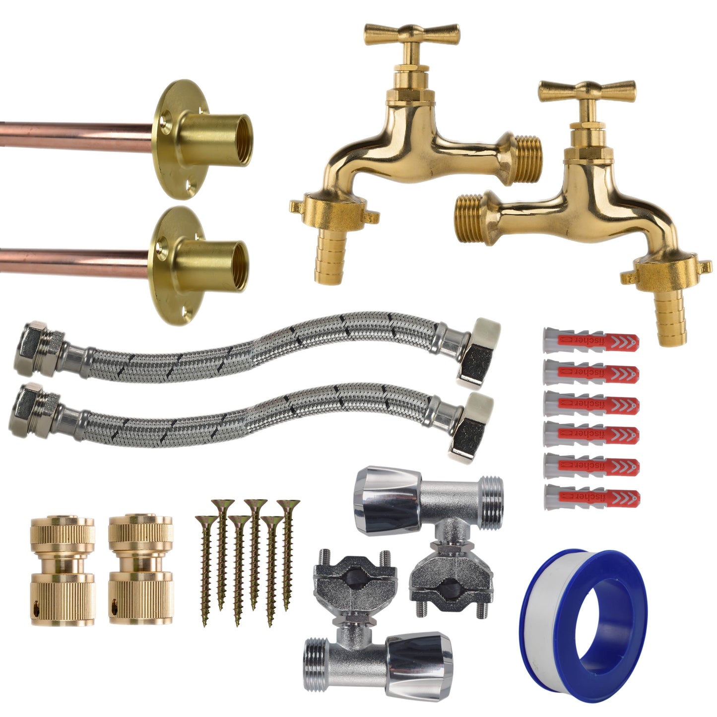 AP Supplies Polished Brass 13mm Barb Tap FULL Connection Kit x2