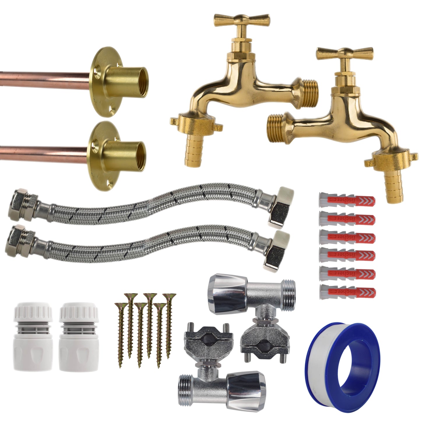 AP Supplies Polished Brass 13mm Barb Tap FULL Connection Kit x2