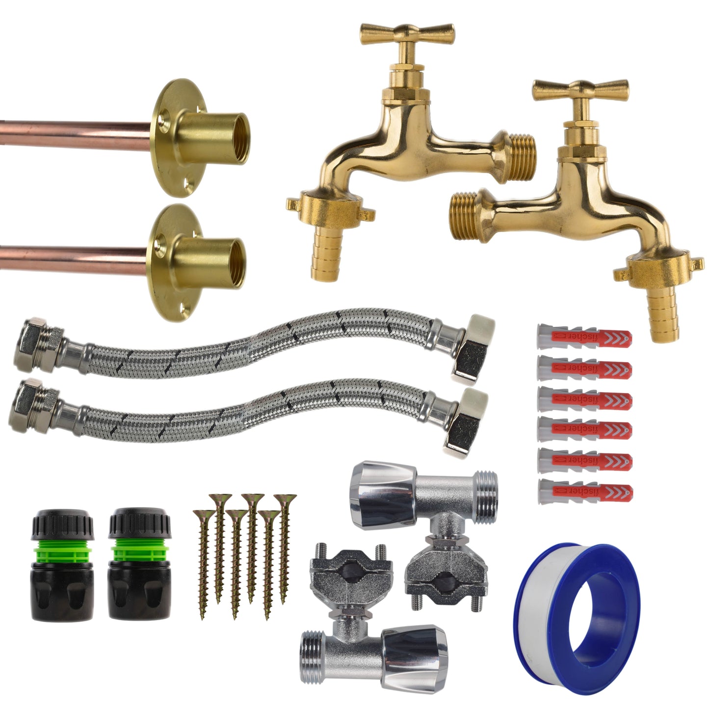 AP Supplies Polished Brass 13mm Barb Tap FULL Connection Kit x2