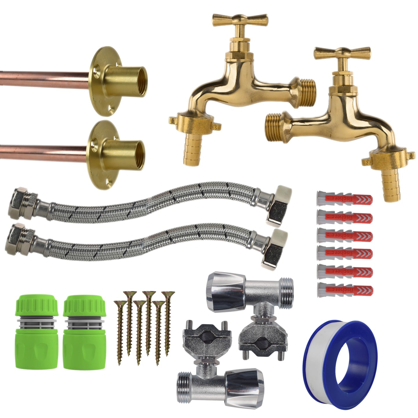 AP Supplies Polished Brass 13mm Barb Tap FULL Connection Kit x2